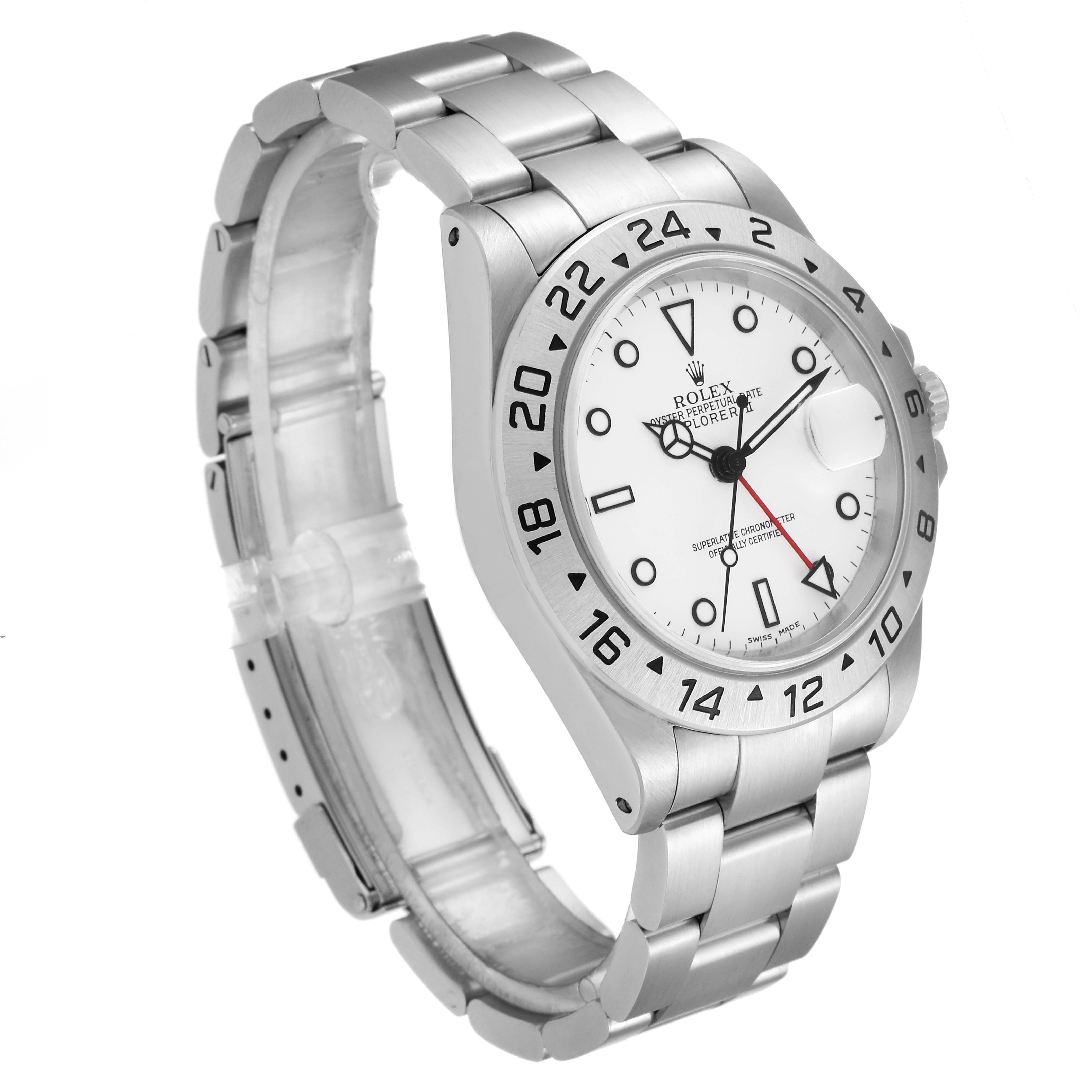 The image shows a frontal and side view of the Rolex Explorer 16570 Men's Stainless Steel White Dial 16570 Men's Stainless Steel White Dial watch, highlighting the face, bezel, bracelet, and clasp.