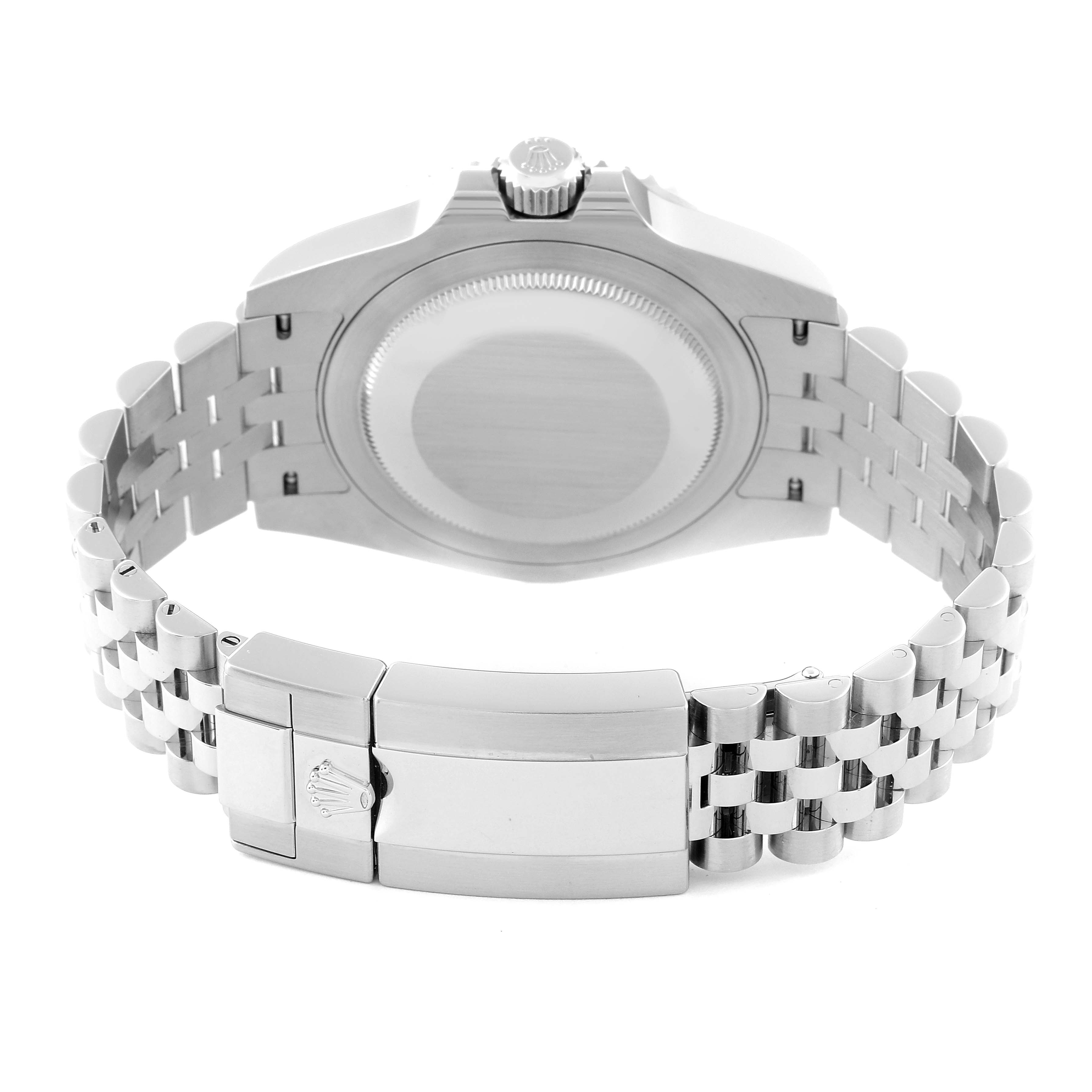 The image shows the back of a Rolex GMT-Master 126710BLNR Men
s Stainless Steel Black Dial 126710BLNR Men
s Stainless Steel Black Dial watch, highlighting the closed case back, bracelet, and clasp.