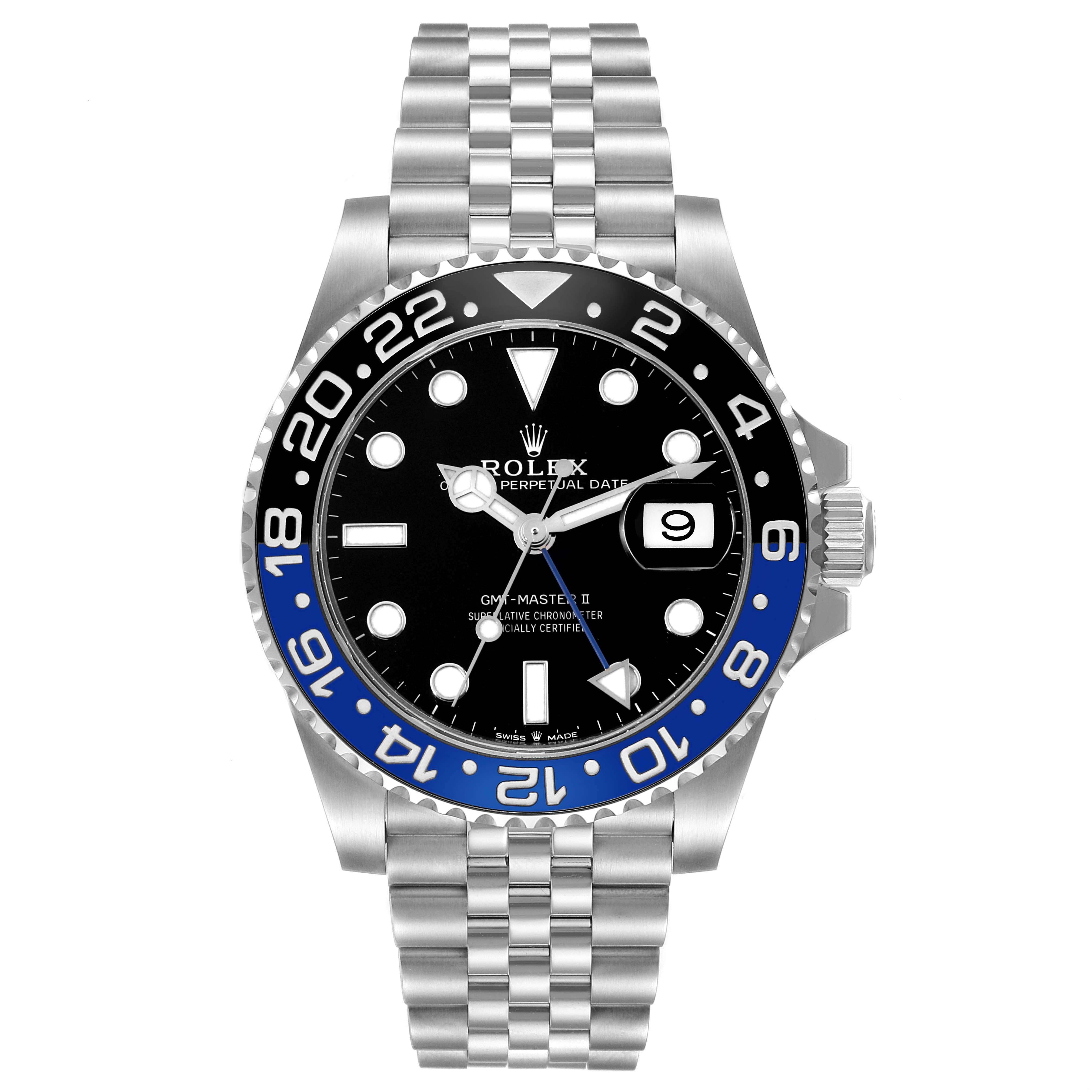 The image shows a frontal view of a Rolex GMT-Master 126710BLNR Men
s Stainless Steel Black Dial 126710BLNR Men
s Stainless Steel Black Dial II watch, highlighting its dial, bezel, bracelet, and crown.