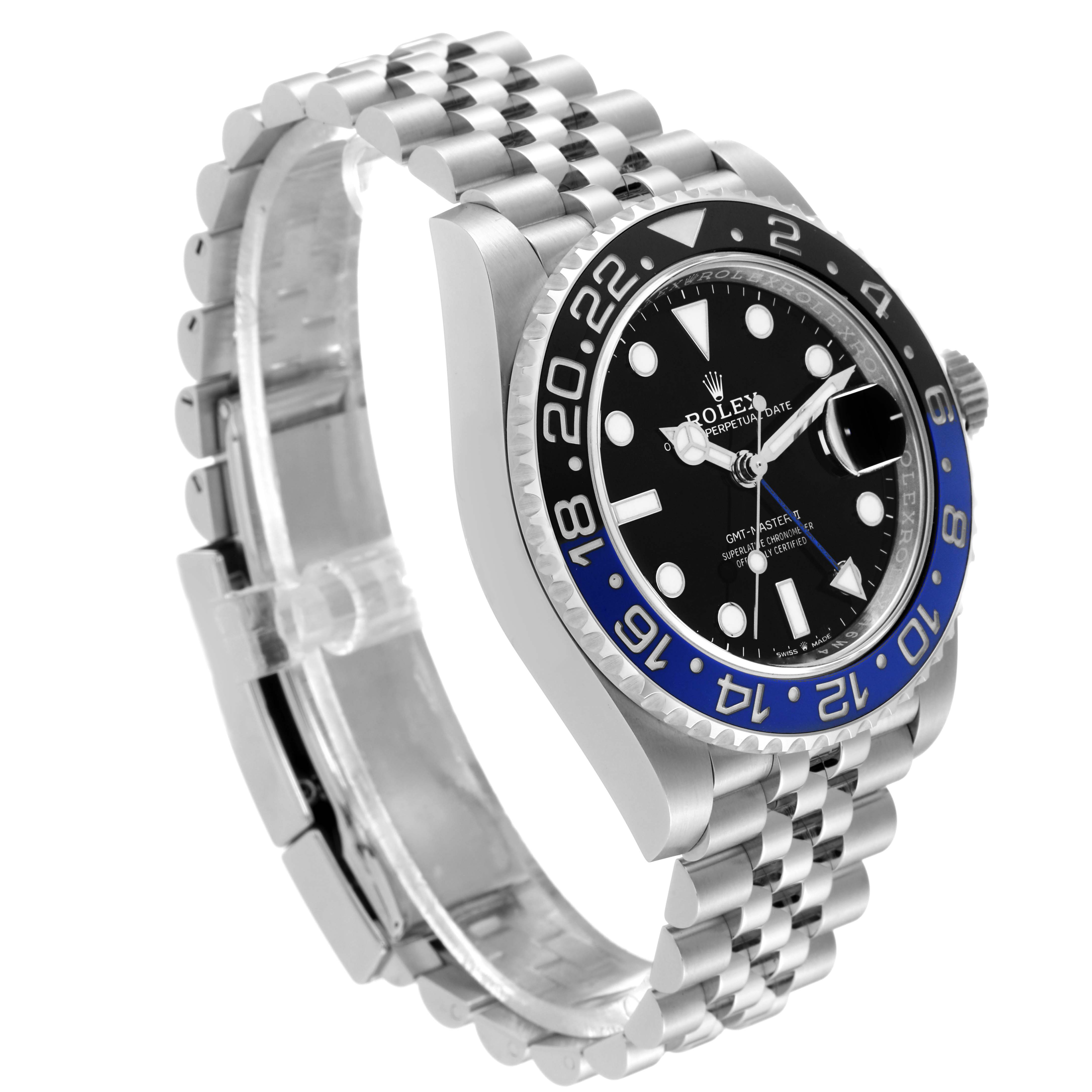 The Rolex GMT-Master 126710BLNR Men
s Stainless Steel Black Dial 126710BLNR Men
s Stainless Steel Black Dial watch is shown at an angled side view, highlighting the face, bezel, crown, and bracelet.