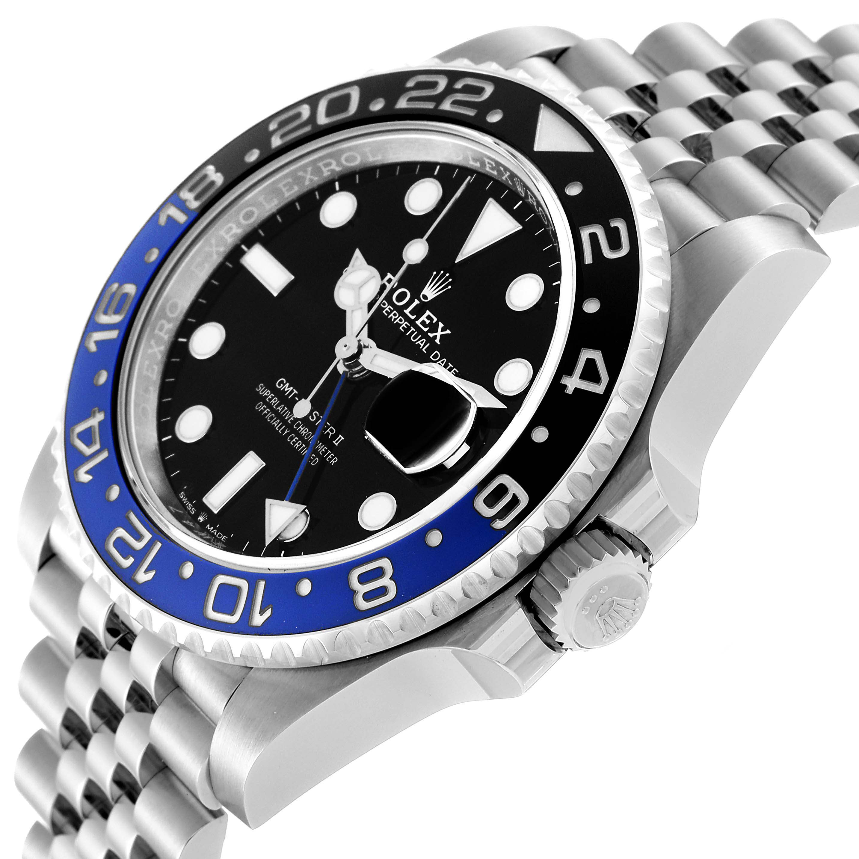 The image shows a close-up angled view of the bezel, dial, and part of the bracelet of a Rolex GMT-Master 126710BLNR Men
s Stainless Steel Black Dial 126710BLNR Men
s Stainless Steel Black Dial watch.