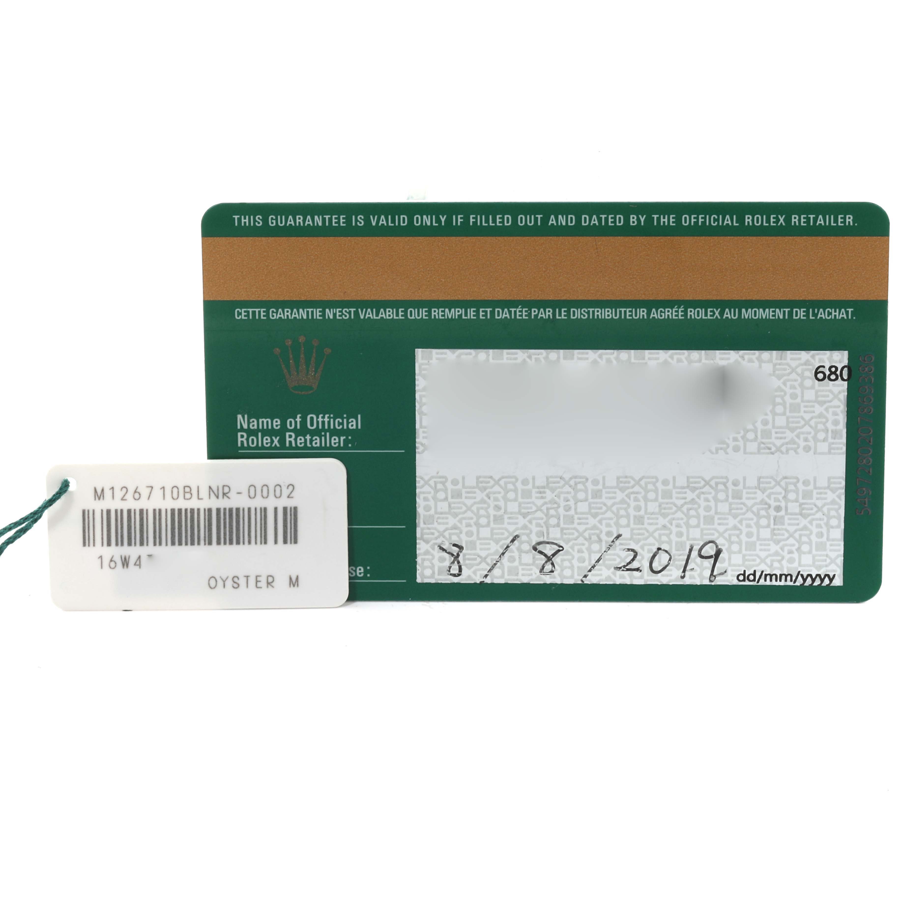 The image shows the Best Quality
ation warranty card and hang tag for a Rolex GMT-Master 126710BLNR Men
s Stainless Steel Black Dial 126710BLNR Men
s Stainless Steel Black Dial watch.