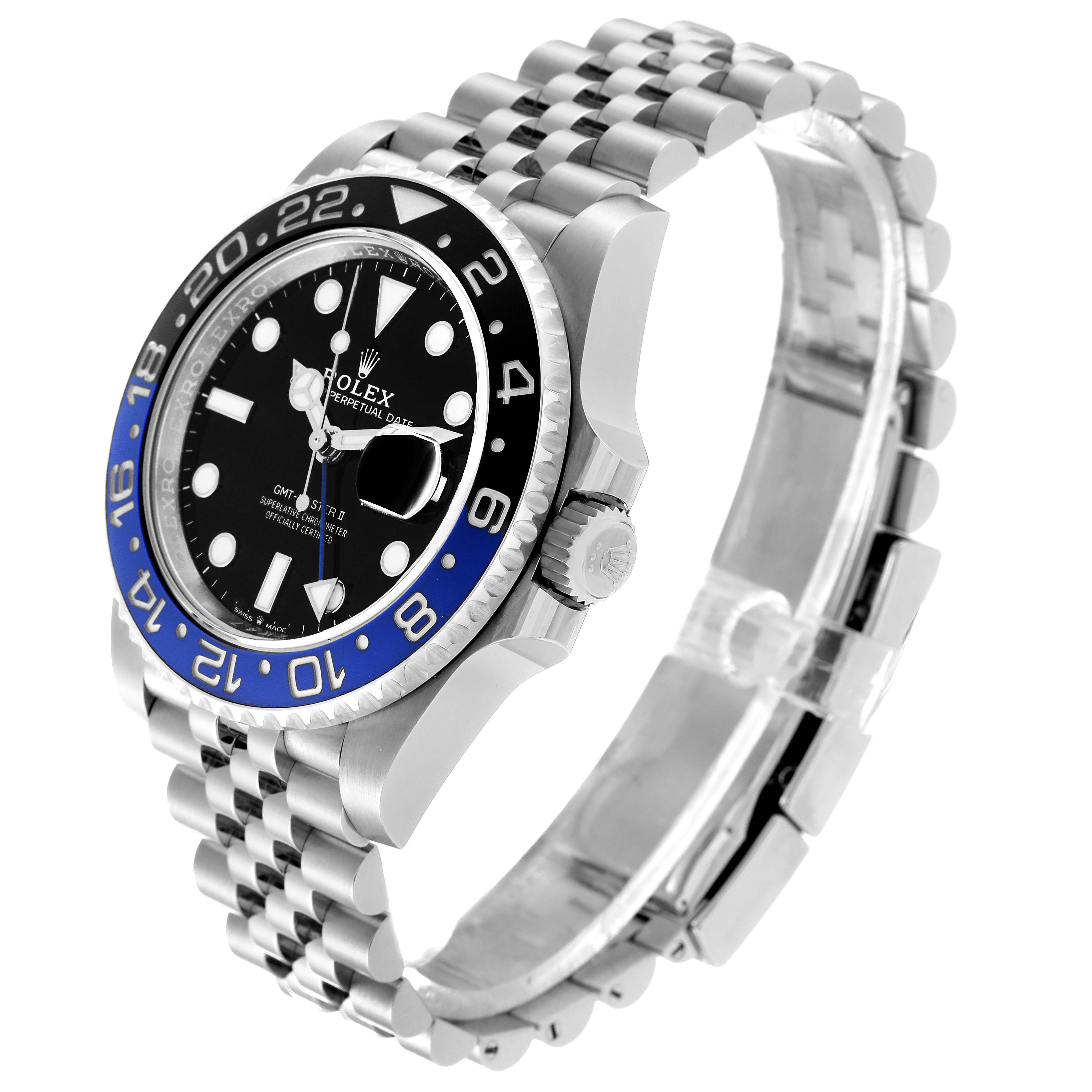 This image shows a side and partial front view of a Rolex GMT-Master 126710BLNR Men
s Stainless Steel Black Dial 126710BLNR Men
s Stainless Steel Black Dial watch, highlighting its bezel, crown, and bracelet.
