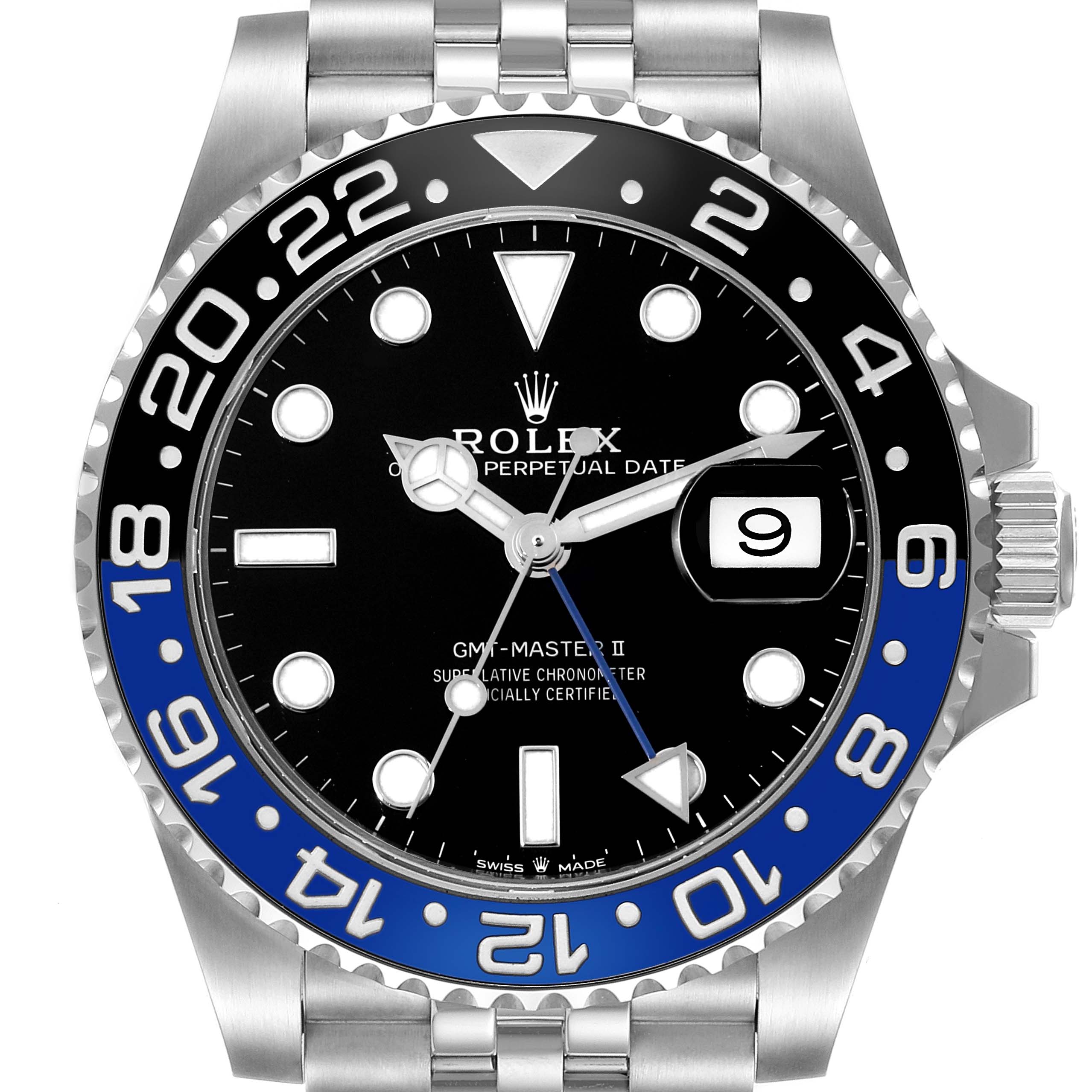 This image shows a front view of the Rolex GMT-Master 126710BLNR Men
s Stainless Steel Black Dial 126710BLNR Men
s Stainless Steel Black Dial II watch, displaying its bezel, dial, and part of the bracelet.