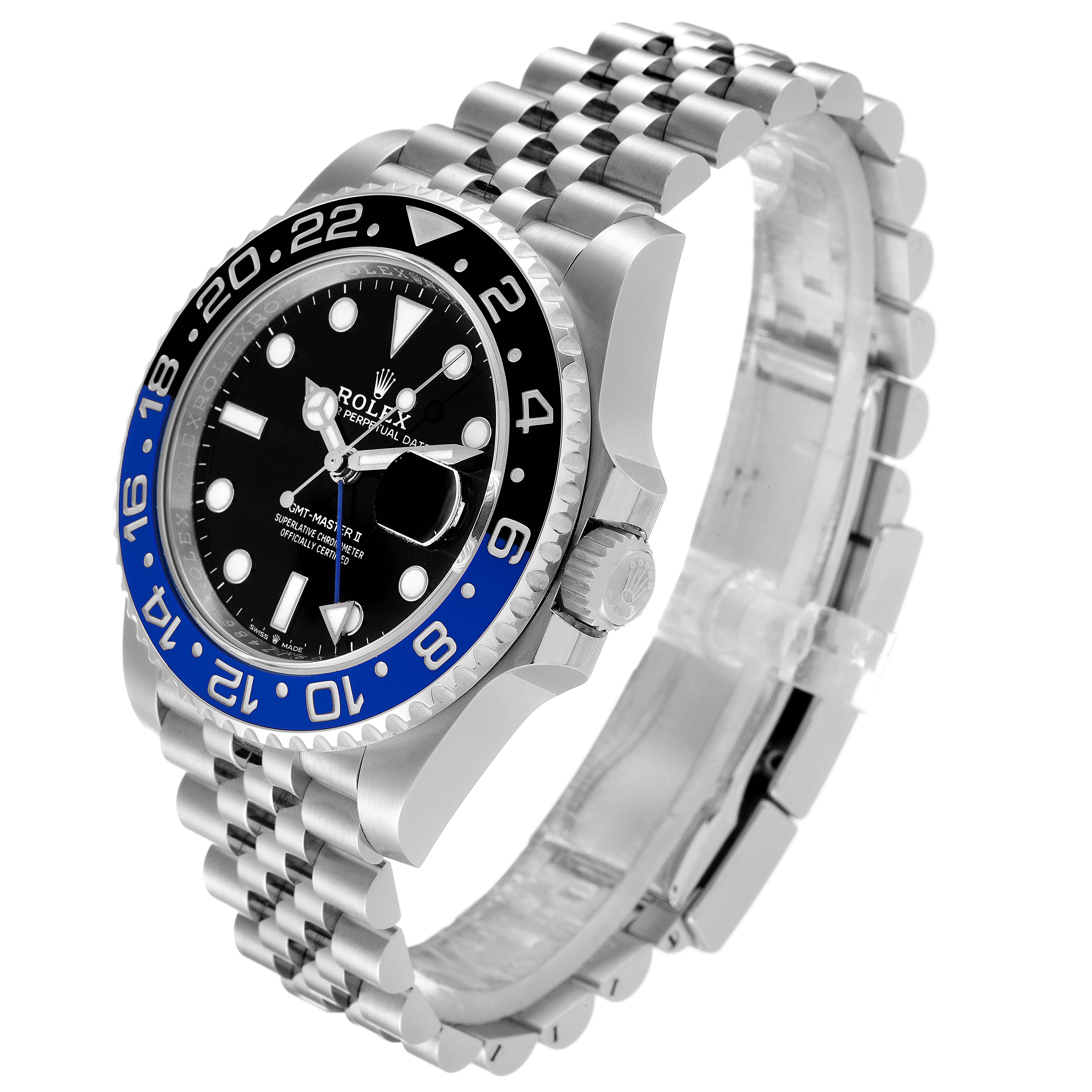 The image shows a Rolex GMT-Master 126710 Men
s Stainless Steel Black Dial 126710 Men
s Stainless Steel Black Dial watch at an angle, highlighting its dial, bezel, and stainless steel bracelet.