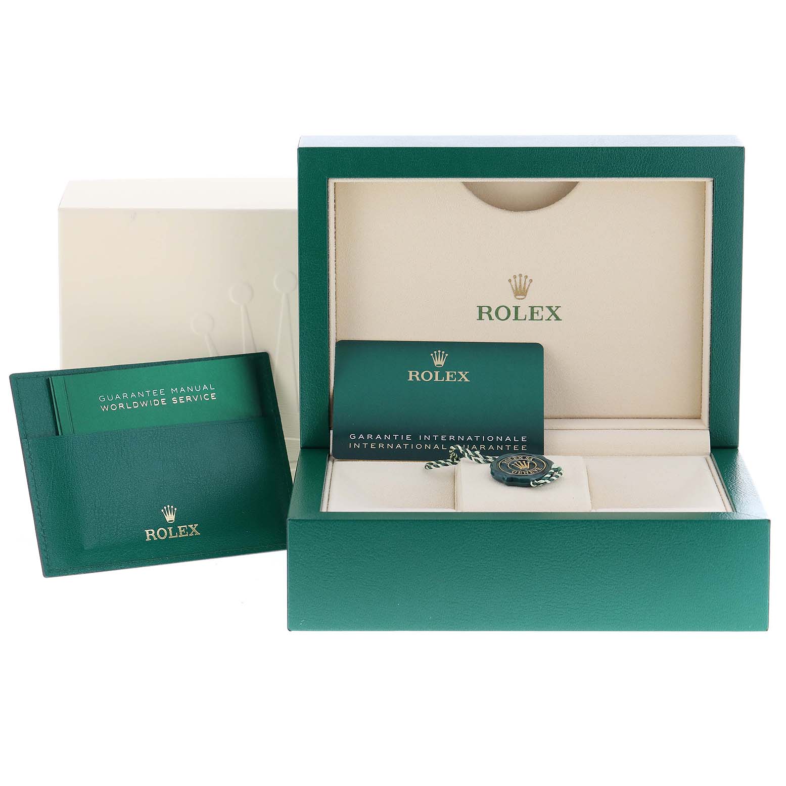 The image shows a Rolex GMT-Master 126710 Men
s Stainless Steel Black Dial 126710 Men
s Stainless Steel Black Dial watch presentation box, guarantee manual, and warranty card from a front angle.