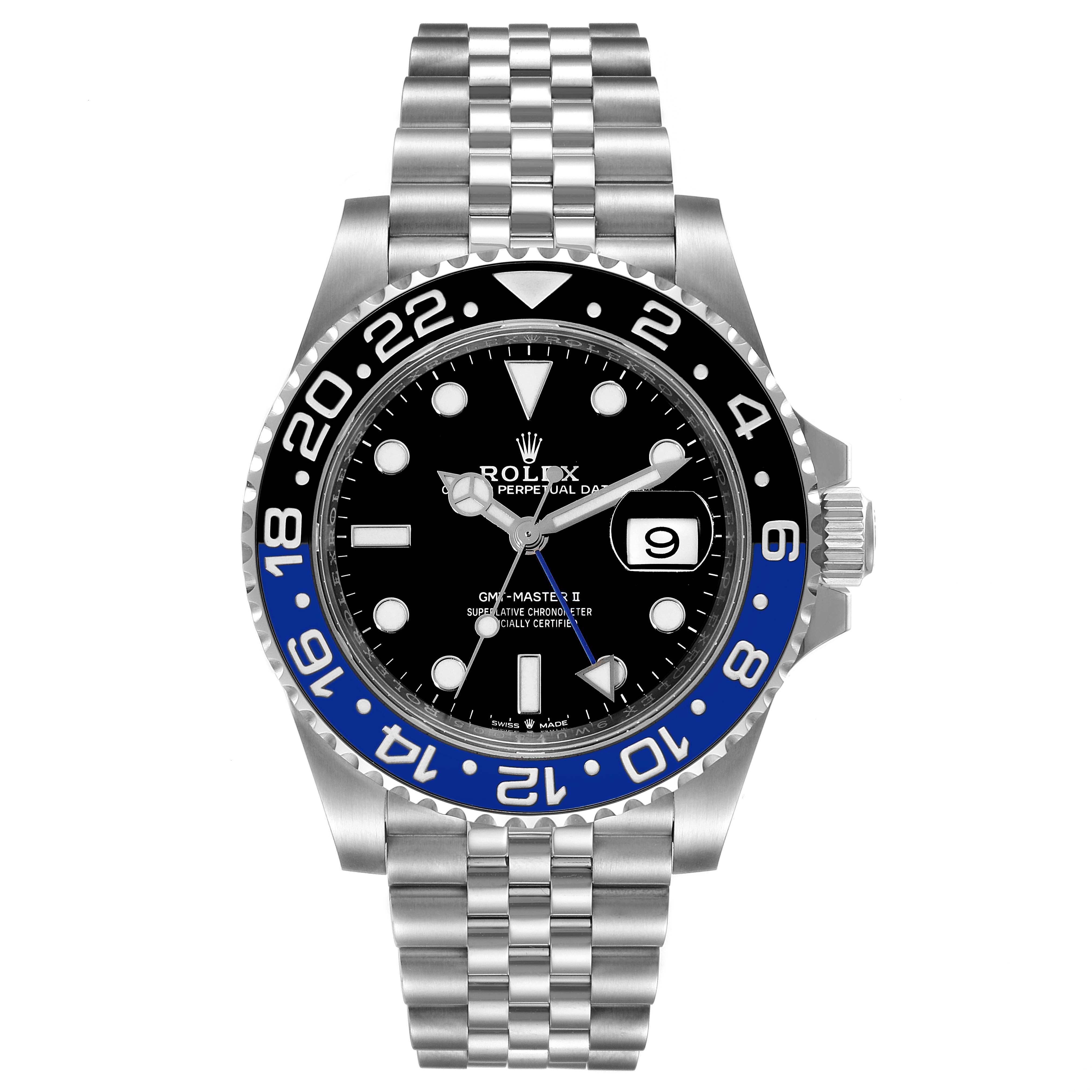 This image shows a front view of a Rolex GMT-Master 126710 Men
s Stainless Steel Black Dial 126710 Men
s Stainless Steel Black Dial II watch featuring a blue and black bezel, black dial, and jubilee bracelet.