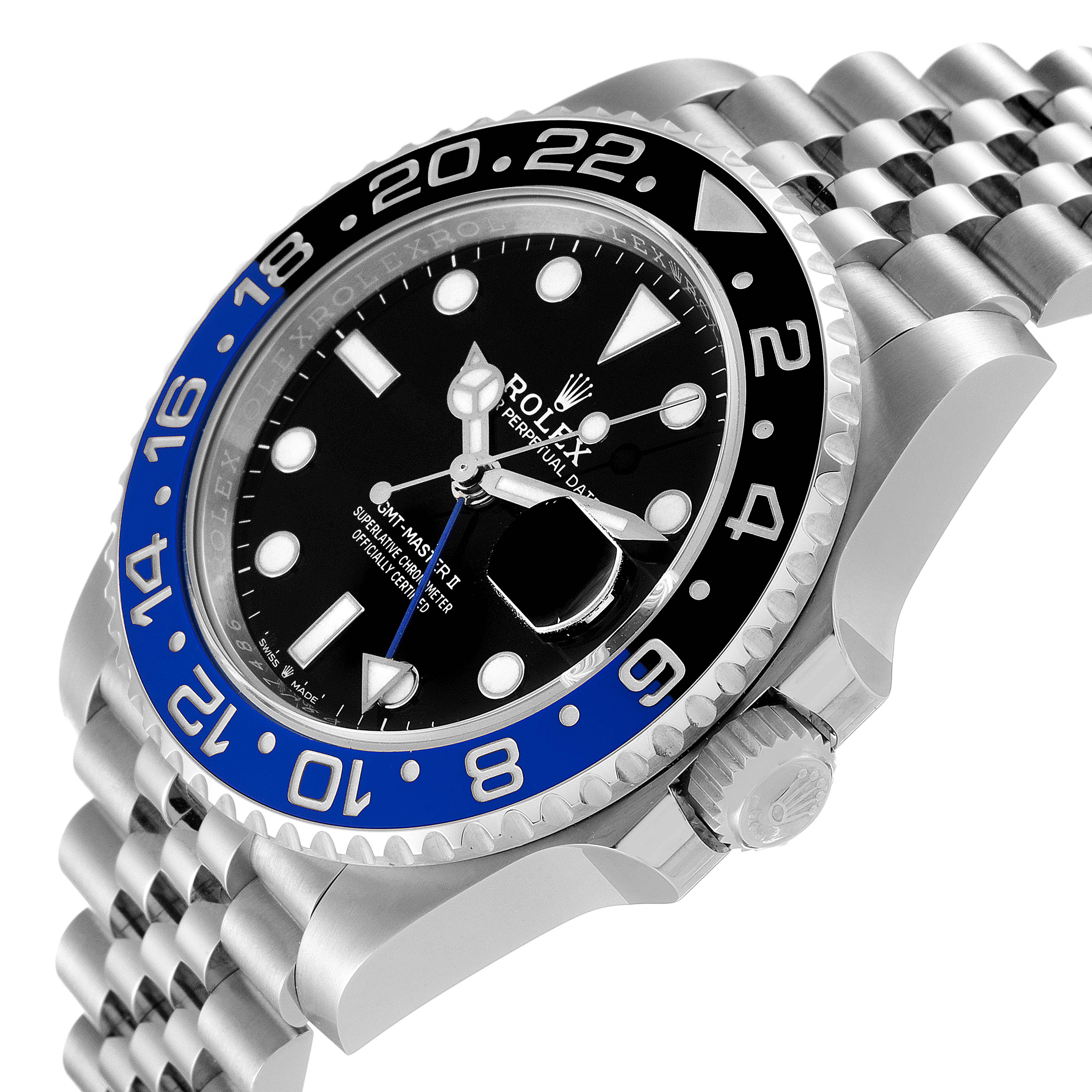 This image shows a side view of the Rolex GMT-Master 126710 Men
s Stainless Steel Black Dial 126710 Men
s Stainless Steel Black Dial II watch, highlighting the bezel, crown, dial, and bracelet.