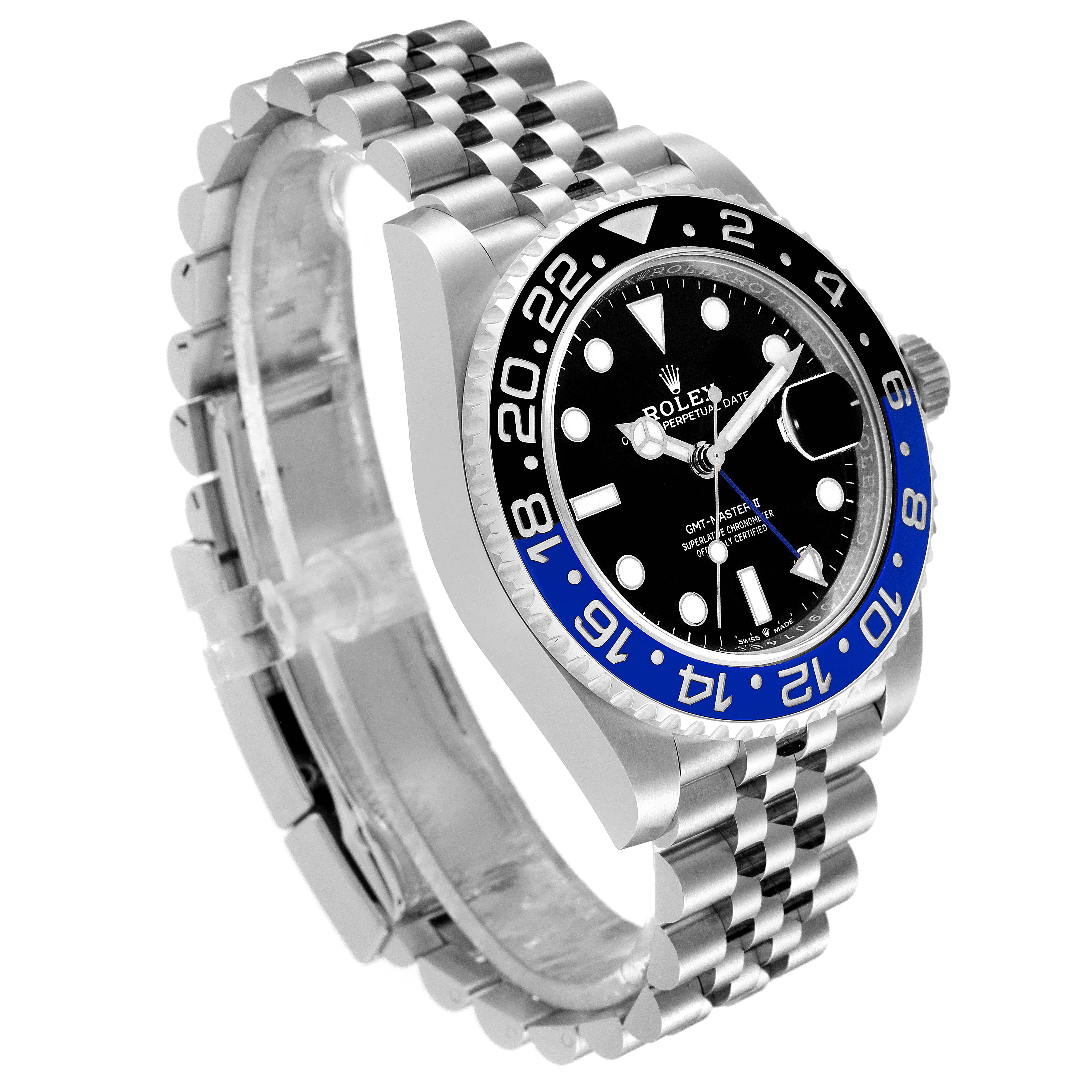 The image shows a side angle of a Rolex GMT-Master 126710 Men
s Stainless Steel Black Dial 126710 Men
s Stainless Steel Black Dial watch, highlighting the face, bezel, crown, and Jubilee bracelet.