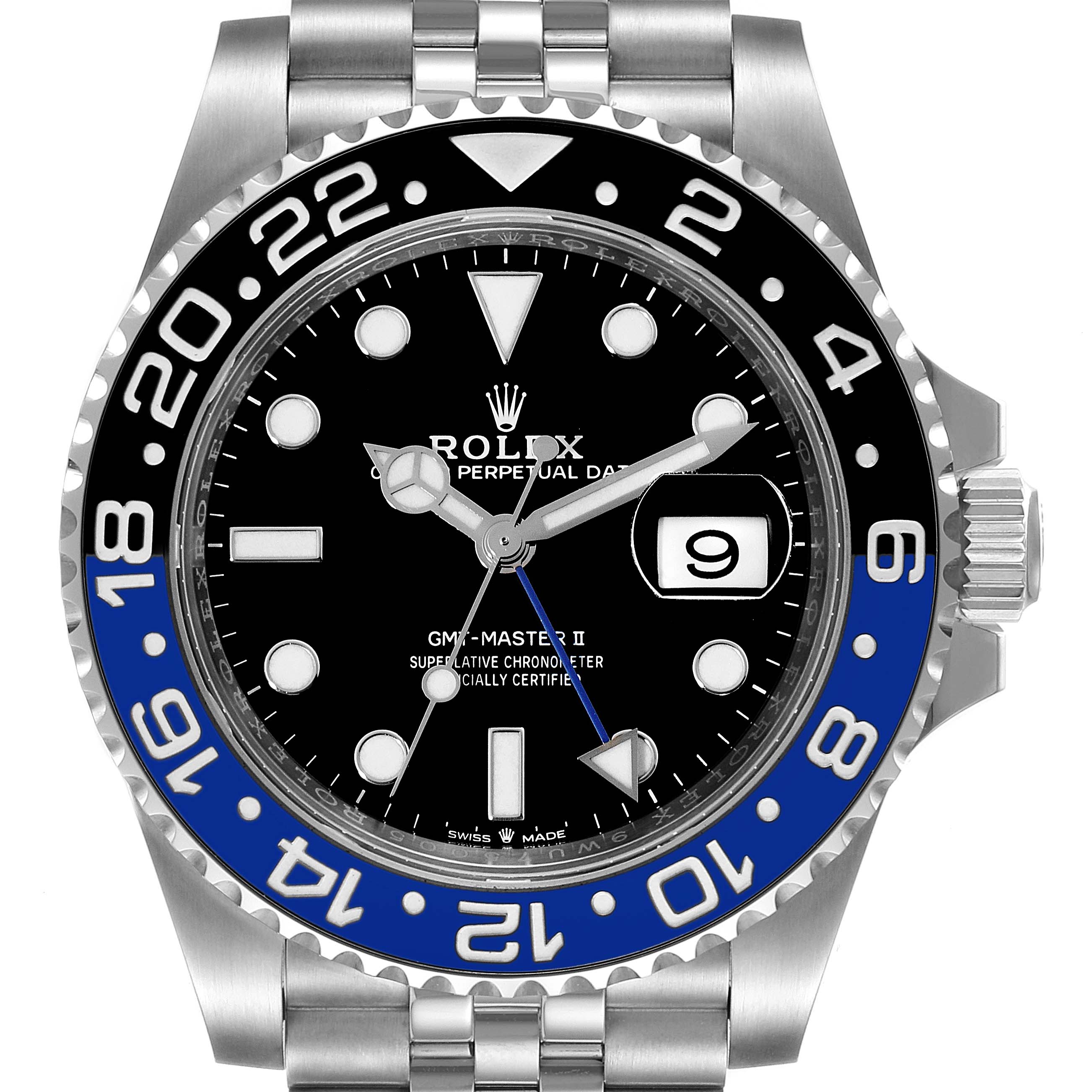 The image shows the face, bezel, and part of the bracelet of a Rolex GMT-Master 126710 Men
s Stainless Steel Black Dial 126710 Men
s Stainless Steel Black Dial II watch, with a black and blue bezel.