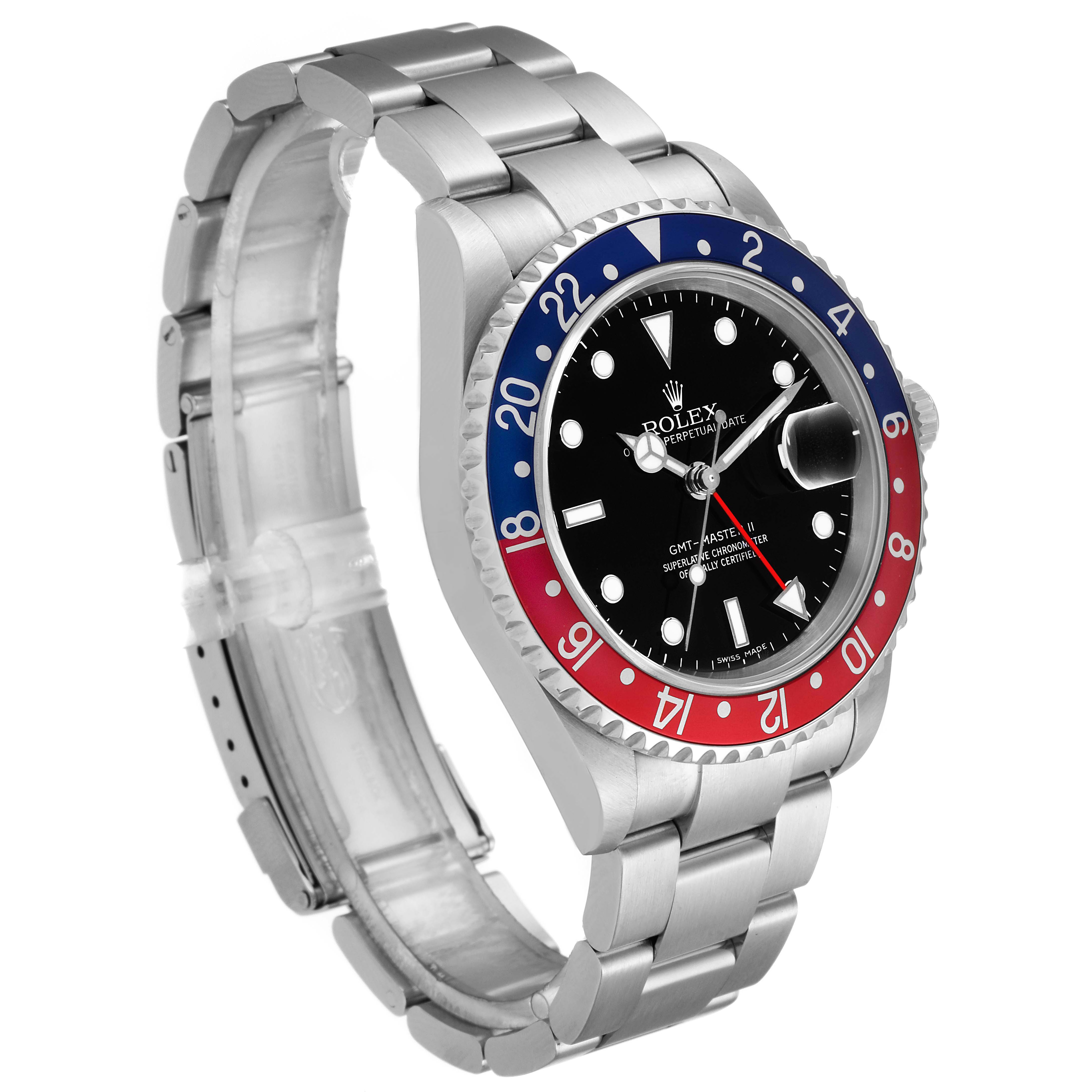 The Rolex GMT-Master 16710 Men's Stainless Steel Black Dial 16710 Men's Stainless Steel Black Dial watch is shown at an angled view, displaying the face, bezel, crown, and stainless steel bracelet.