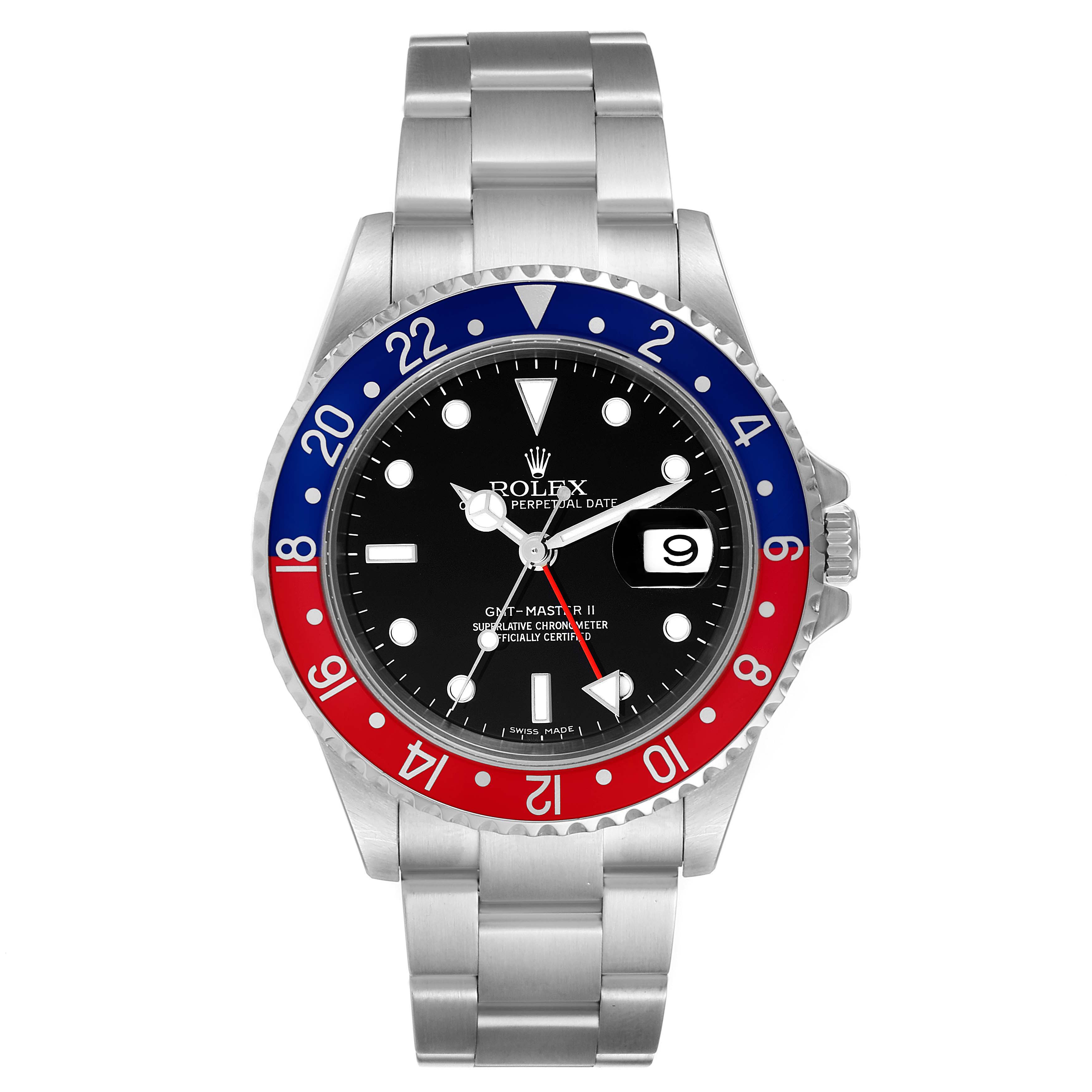 This is a front view of the Rolex GMT-Master 16710 Men's Stainless Steel Black Dial 16710 Men's Stainless Steel Black Dial II watch, showing the bezel, dial, hands, and bracelet.