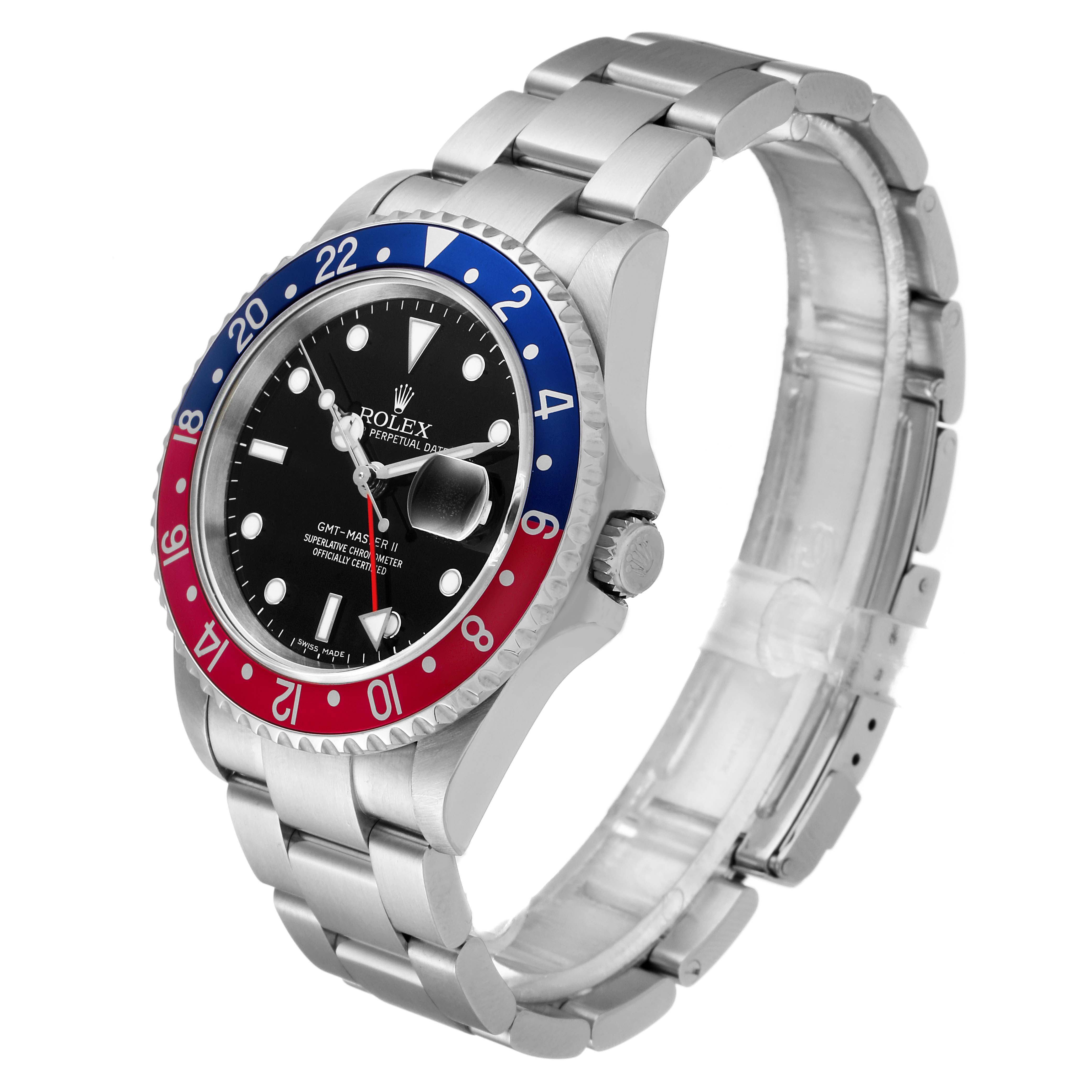 The image shows a Rolex GMT-Master 16710 Men's Stainless Steel Black Dial 16710 Men's Stainless Steel Black Dial watch at a three-quarter angle, highlighting its bezel, dial, and strap.