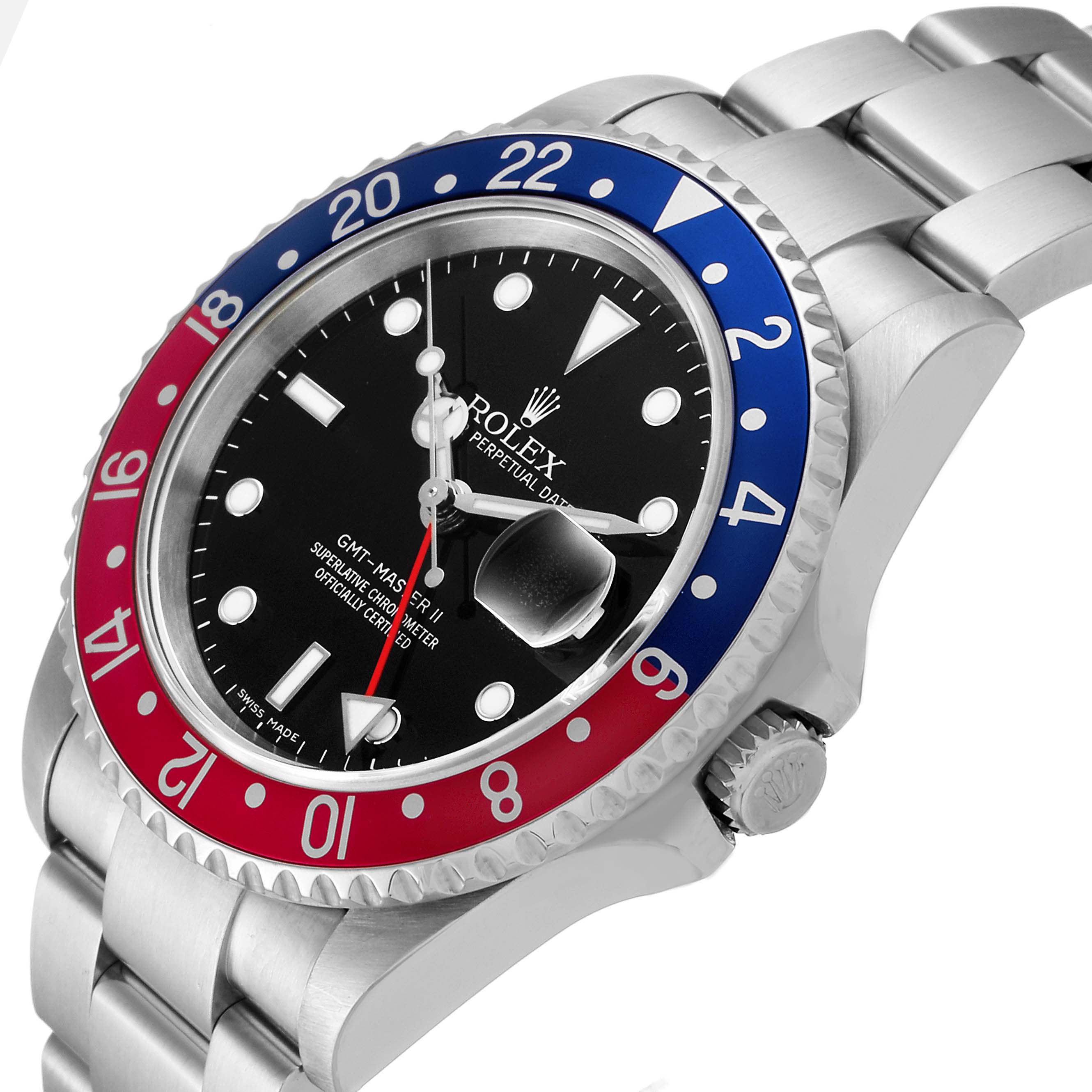 The image shows a close-up view of the Rolex GMT-Master 16710 Men's Stainless Steel Black Dial 16710 Men's Stainless Steel Black Dial II watch, highlighting the bezel, dial, crown, and bracelet.