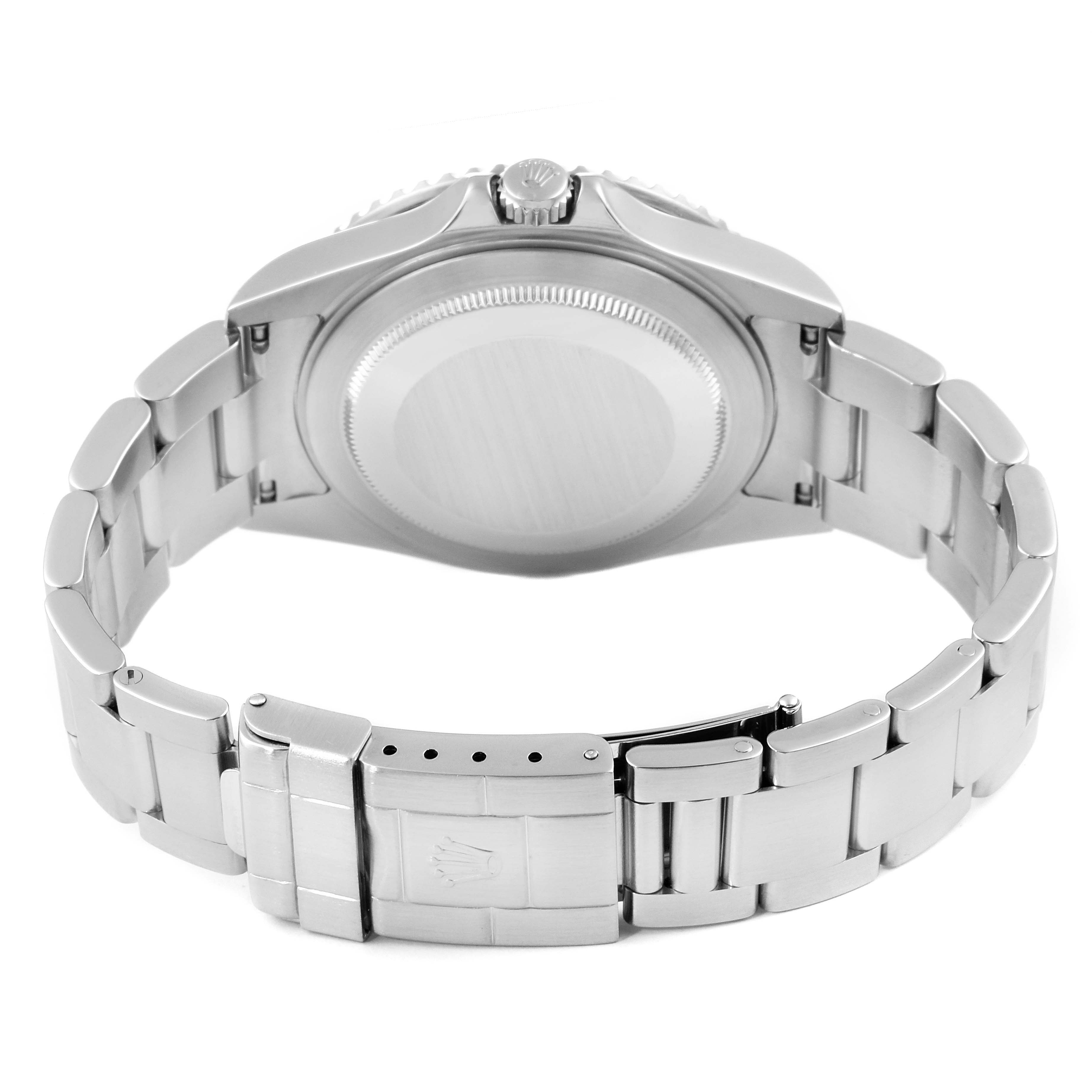 The image shows the back and bracelet of a Rolex GMT-Master 16710 Men's Stainless Steel Black Dial 16710 Men's Stainless Steel Black Dial watch, viewed from the underside.