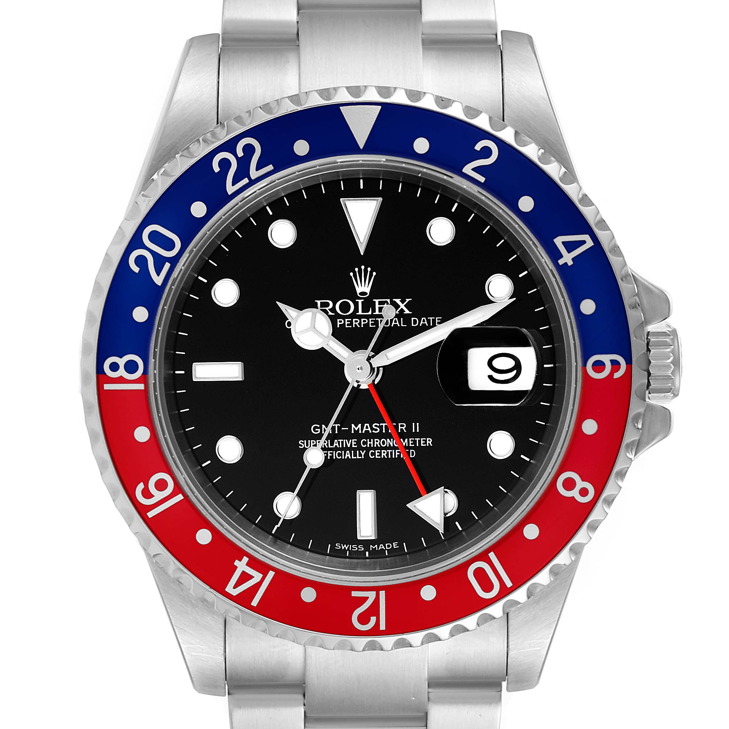 This image shows a front view of a Rolex GMT-Master 16710 Men's Stainless Steel Black Dial 16710 Men's Stainless Steel Black Dial II watch, highlighting the bezel, dial, and bracelet.