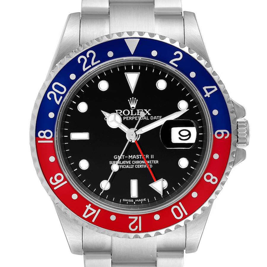 Rolex GMT Master II Error Dial Pepsi Bezel Steel Mens Watch 16710 Tag SwissWatchExpo