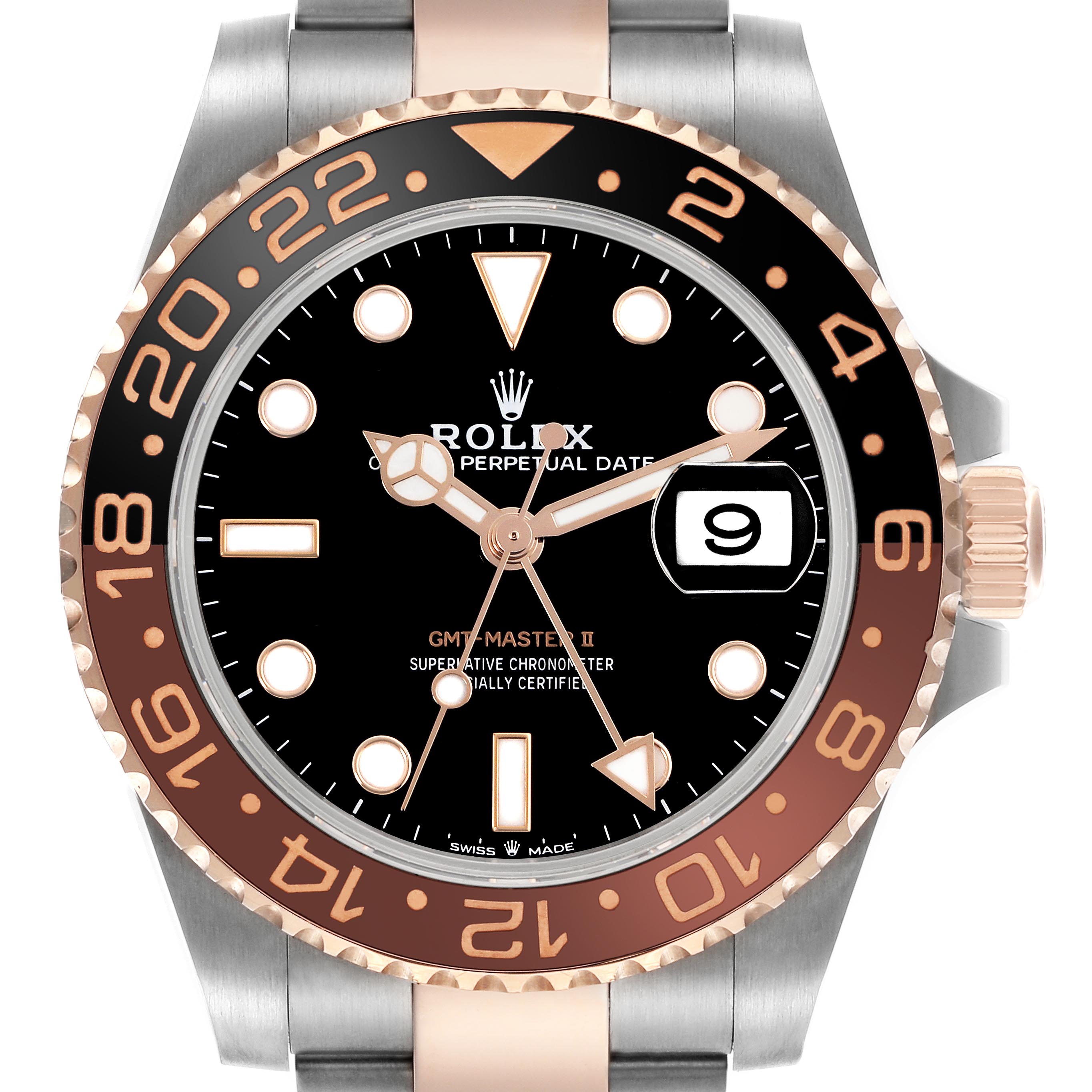 The Rolex GMT-Master 126711CHNR Men's Steel and Gold (two tone) Black Dial 126711CHNR Men's Steel and Gold (two tone) Black Dial II is shown from a front angle, featuring its bezel, dial, hands, and crown.