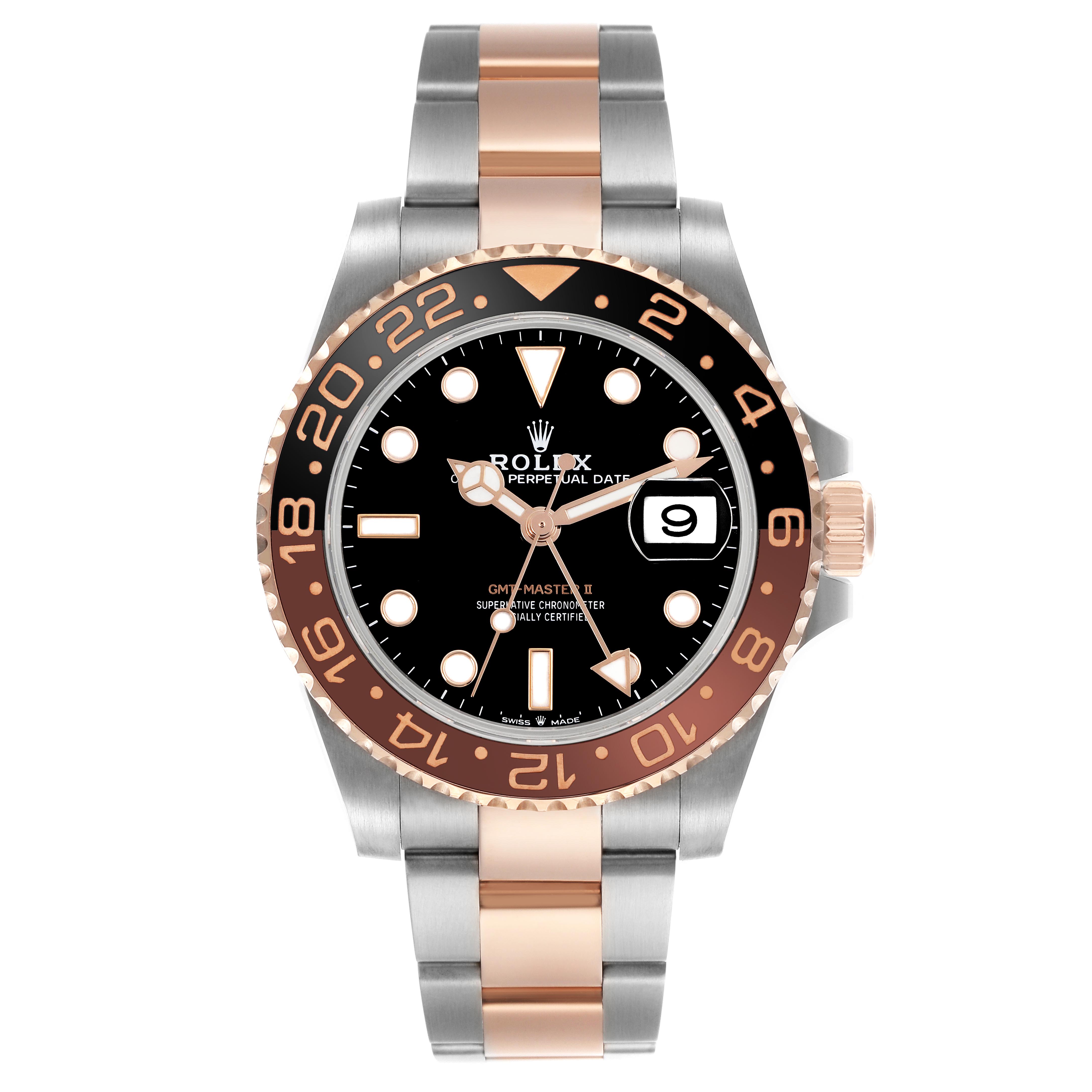 The Rolex GMT-Master 126711CHNR Men's Steel and Gold (two tone) Black Dial 126711CHNR Men's Steel and Gold (two tone) Black Dial watch is shown straight on, displaying the bezel, dial, hands, and two-tone bracelet.