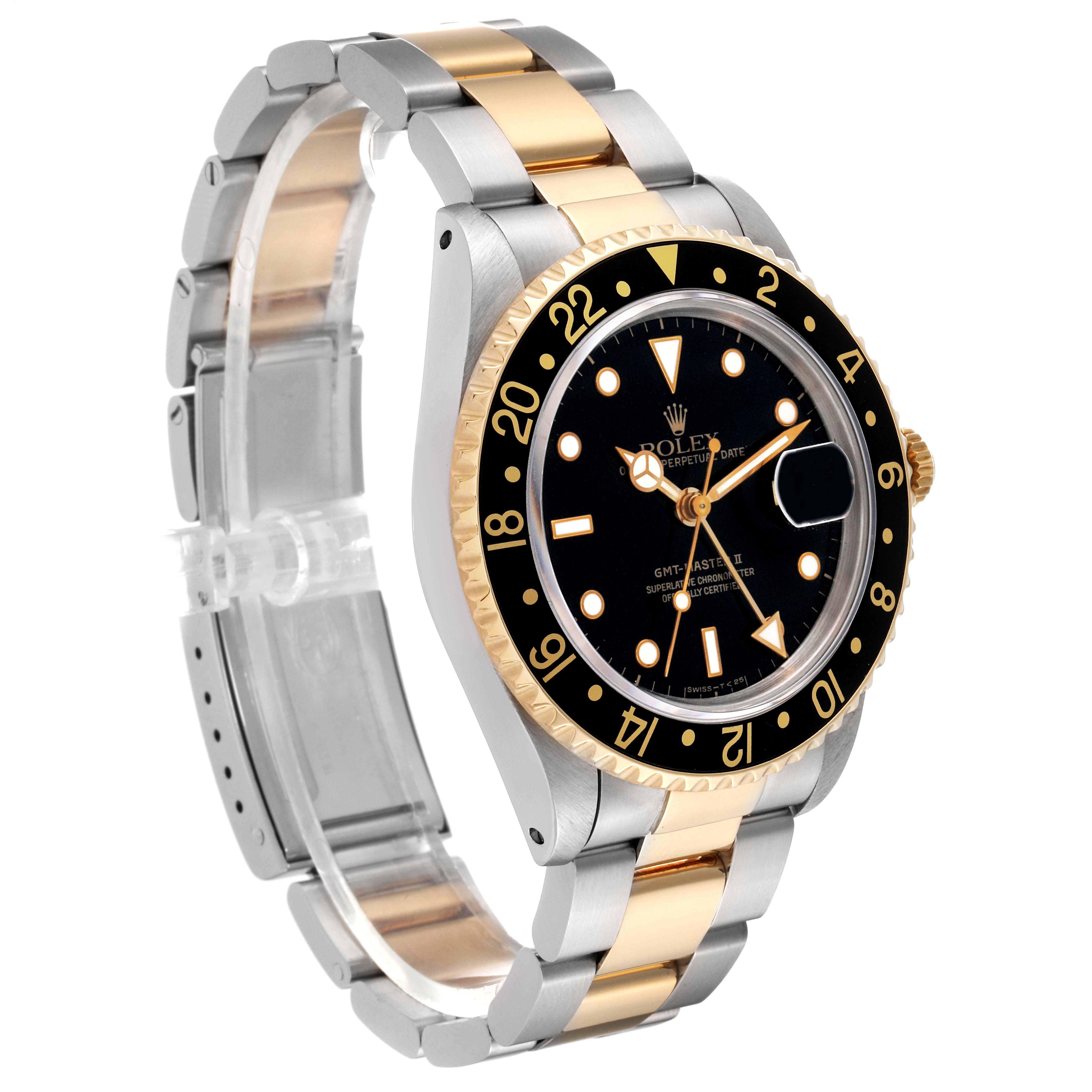 This image shows a Rolex GMT-Master 16713 Men's Steel and Gold (two tone) Black Dial 16713 Men's Steel and Gold (two tone) Black Dial watch at a three-quarter angle, highlighting the bezel, dial, crown, and two-tone bracelet.