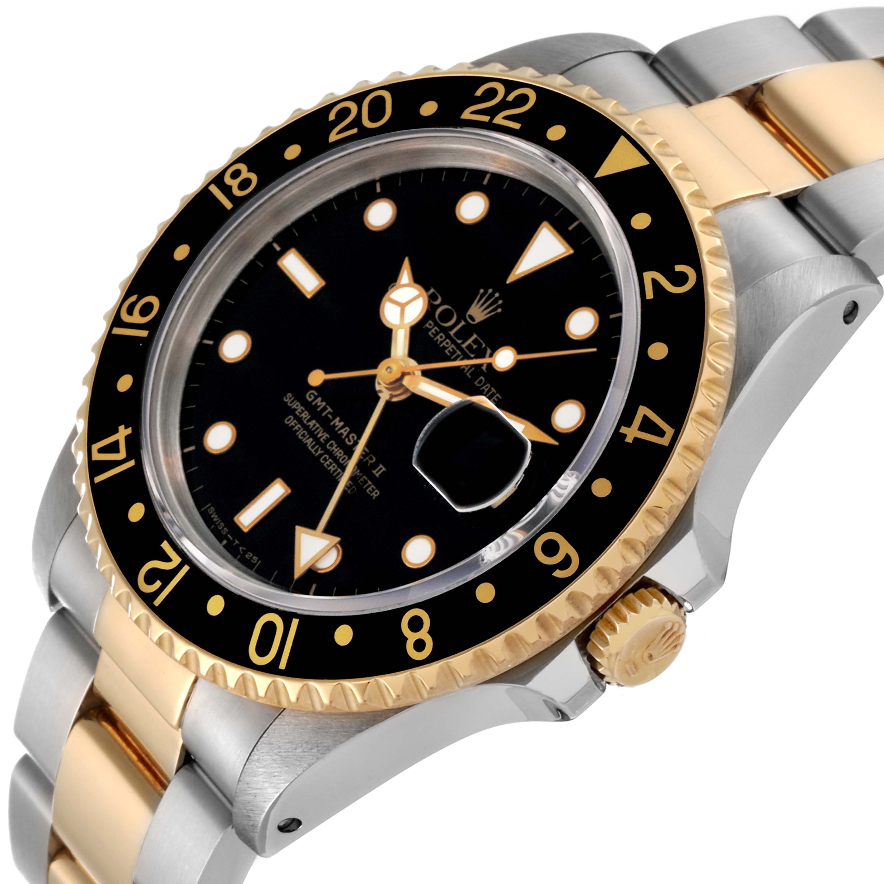 This image shows a close-up angle of the Rolex GMT-Master 16713 Men's Steel and Gold (two tone) Black Dial 16713 Men's Steel and Gold (two tone) Black Dial watch, highlighting the dial, bezel, and part of the bracelet.