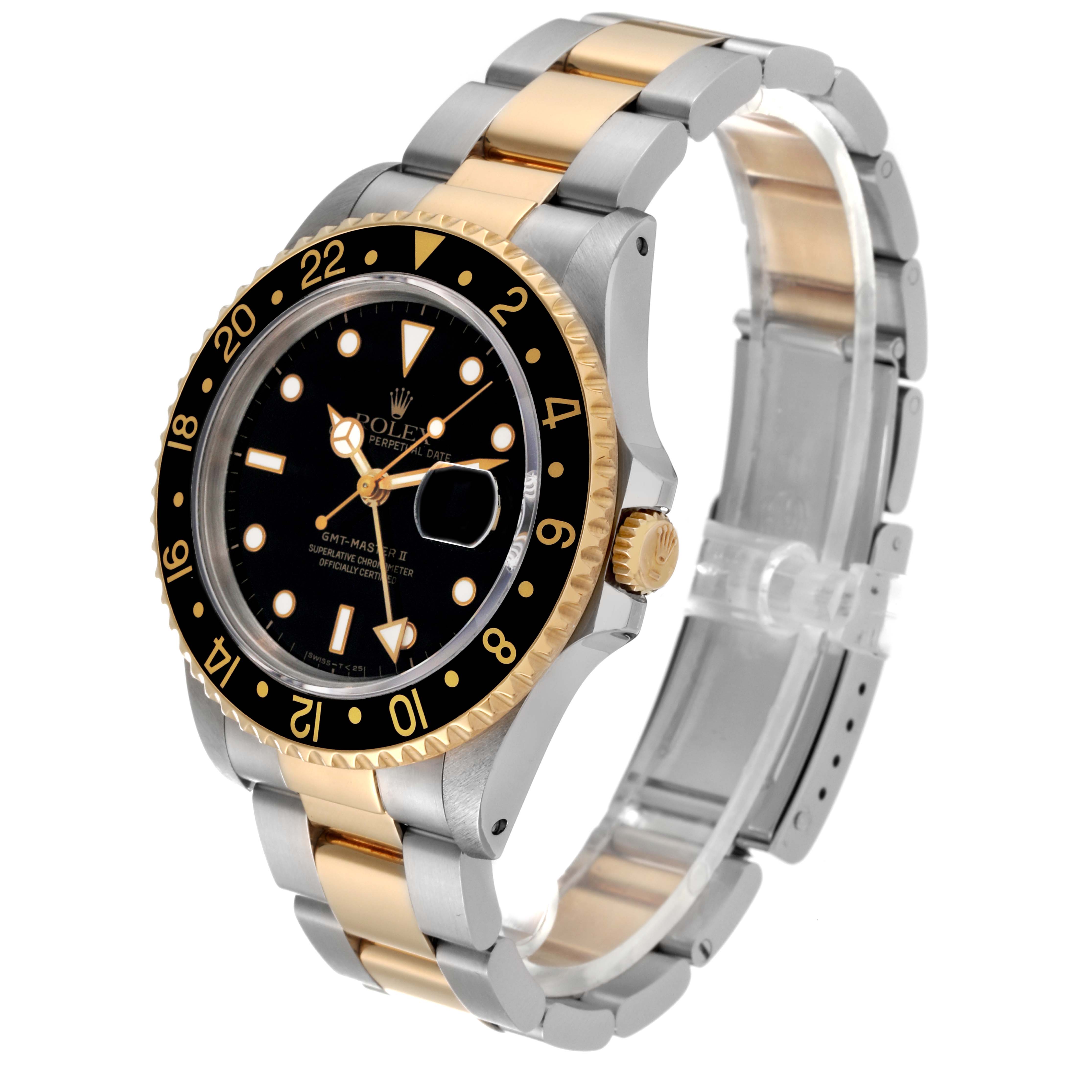 The Rolex GMT-Master 16713 Men's Steel and Gold (two tone) Black Dial 16713 Men's Steel and Gold (two tone) Black Dial watch is shown from an angled view highlighting its black dial, gold bezel, and two-tone bracelet.