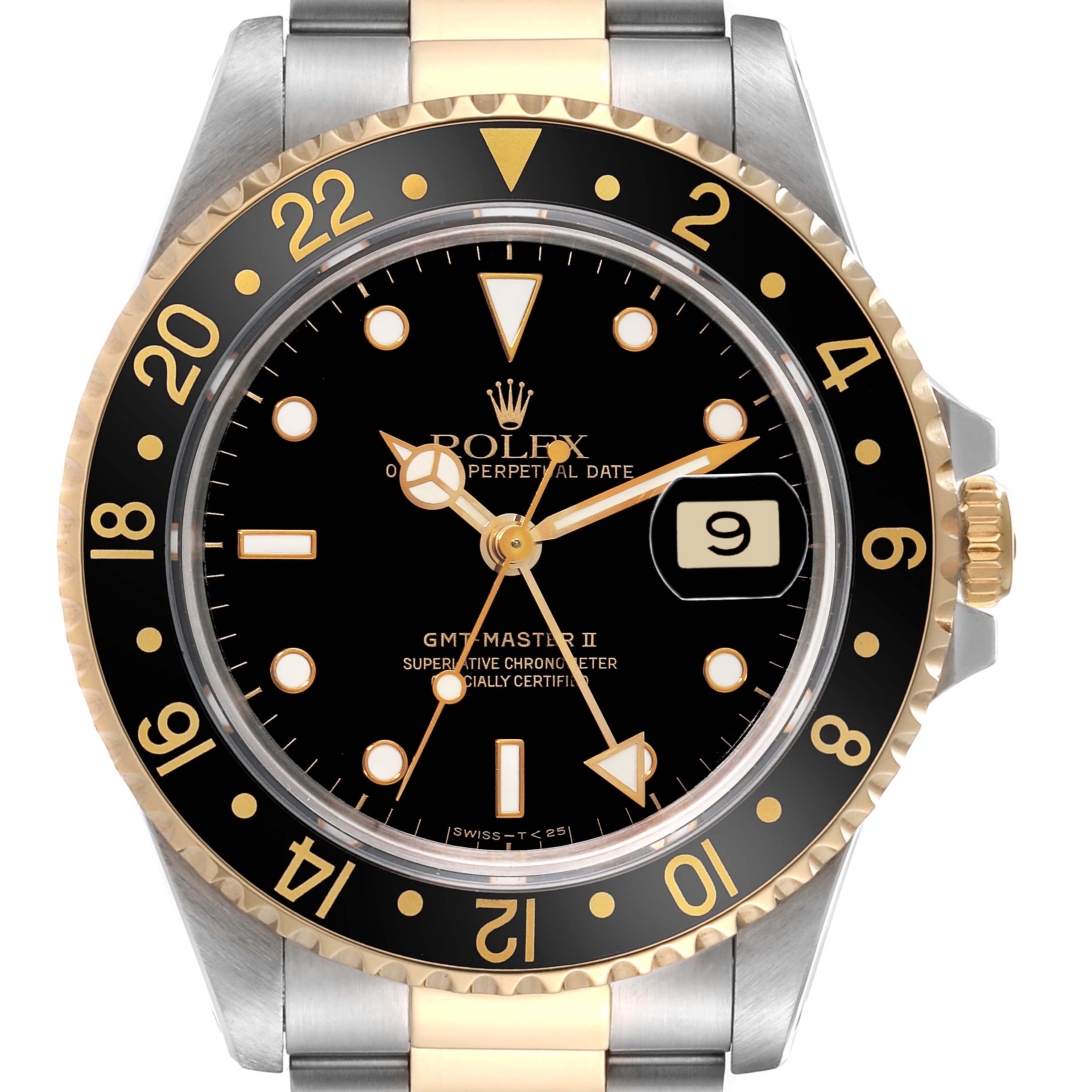 This image shows a front view of the Rolex GMT-Master 16713 Men's Steel and Gold (two tone) Black Dial 16713 Men's Steel and Gold (two tone) Black Dial II watch, displaying its face, bezel, and part of the bracelet.