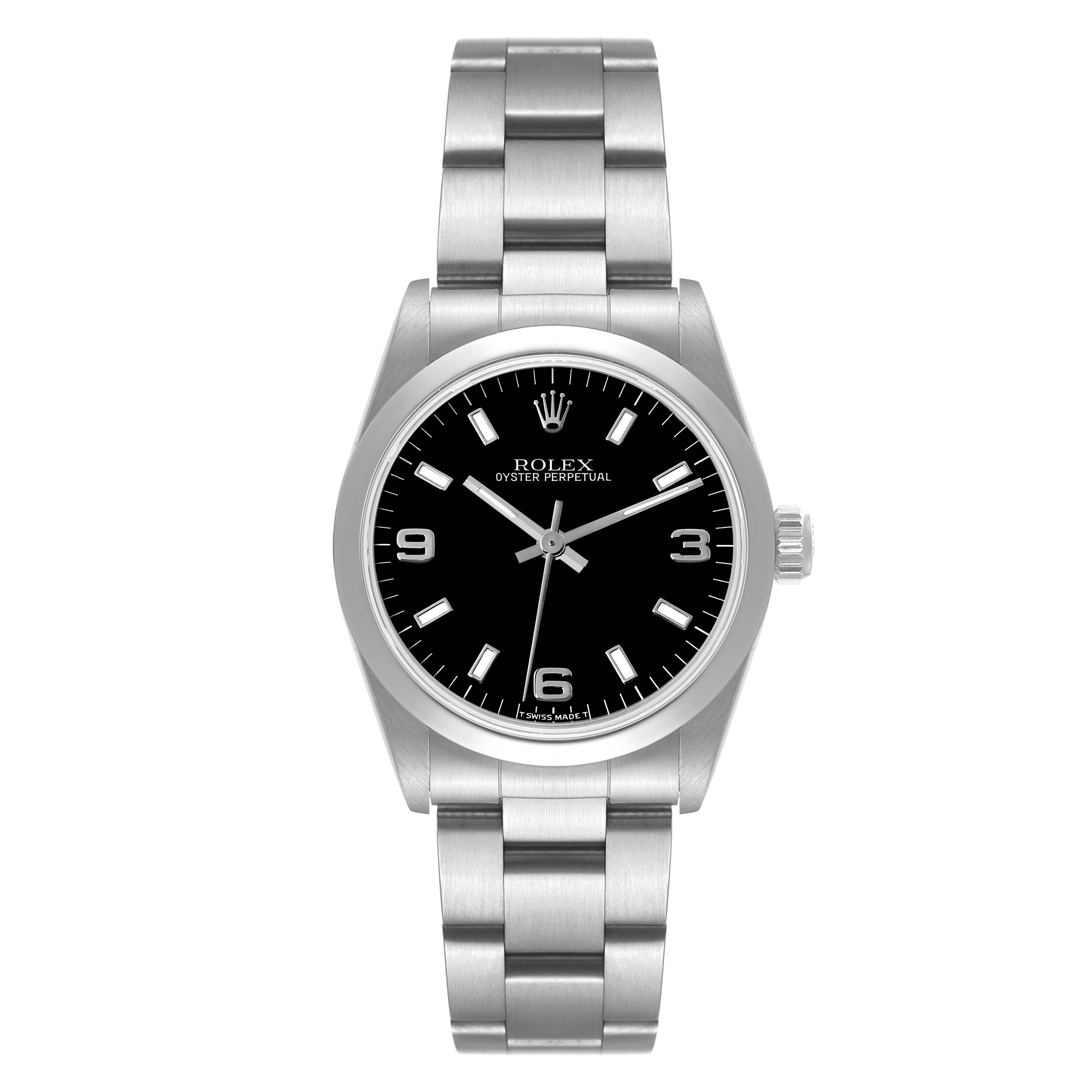 The image shows a front view of a Mid-Size Rolex Oyster Perpetual watch, displaying the entire bracelet and face.