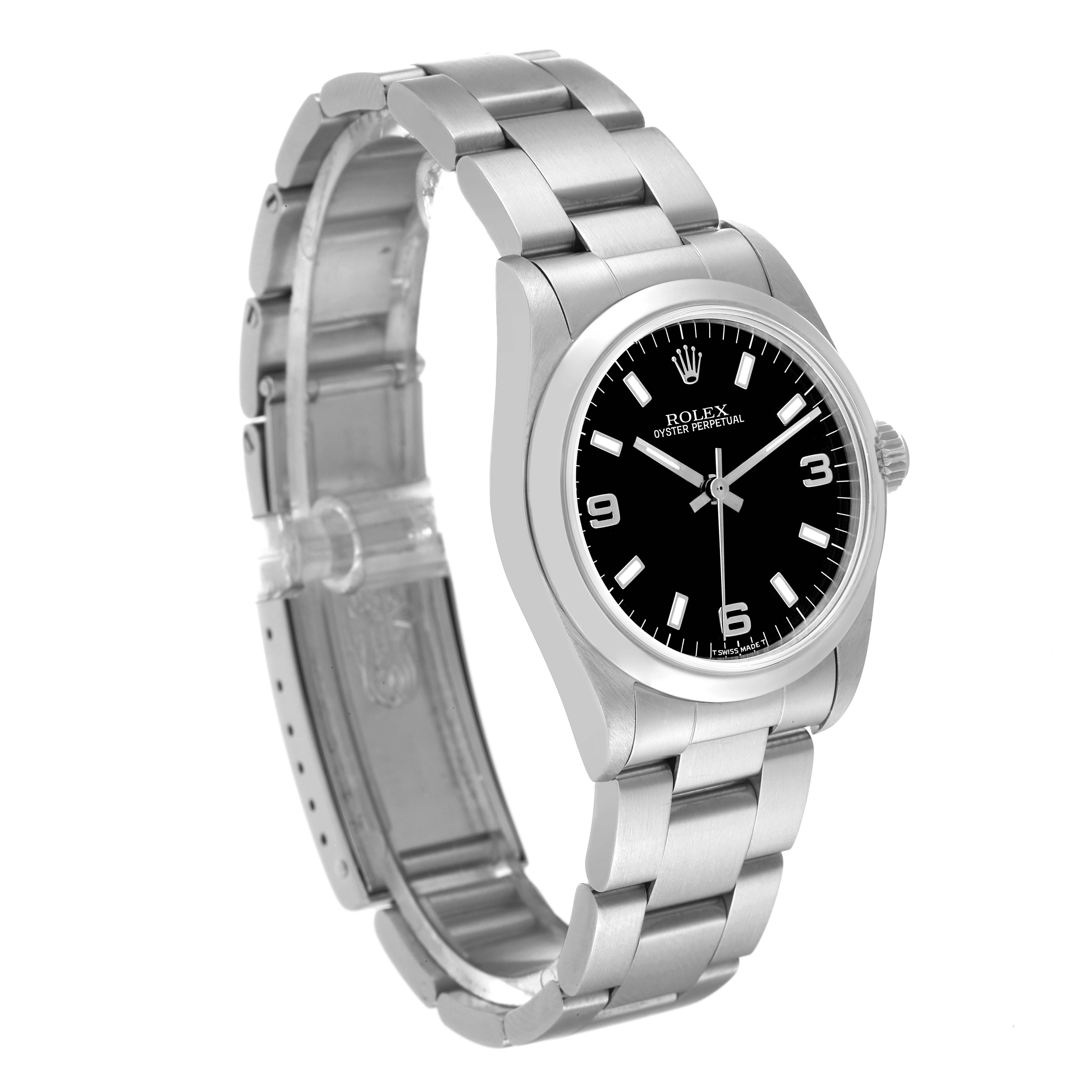 The image shows a Rolex Mid-Size 67480 Women
s Stainless Steel Black Dial 67480 Women
s Stainless Steel Black Dial model watch angled to display its front dial and left side of the bracelet.