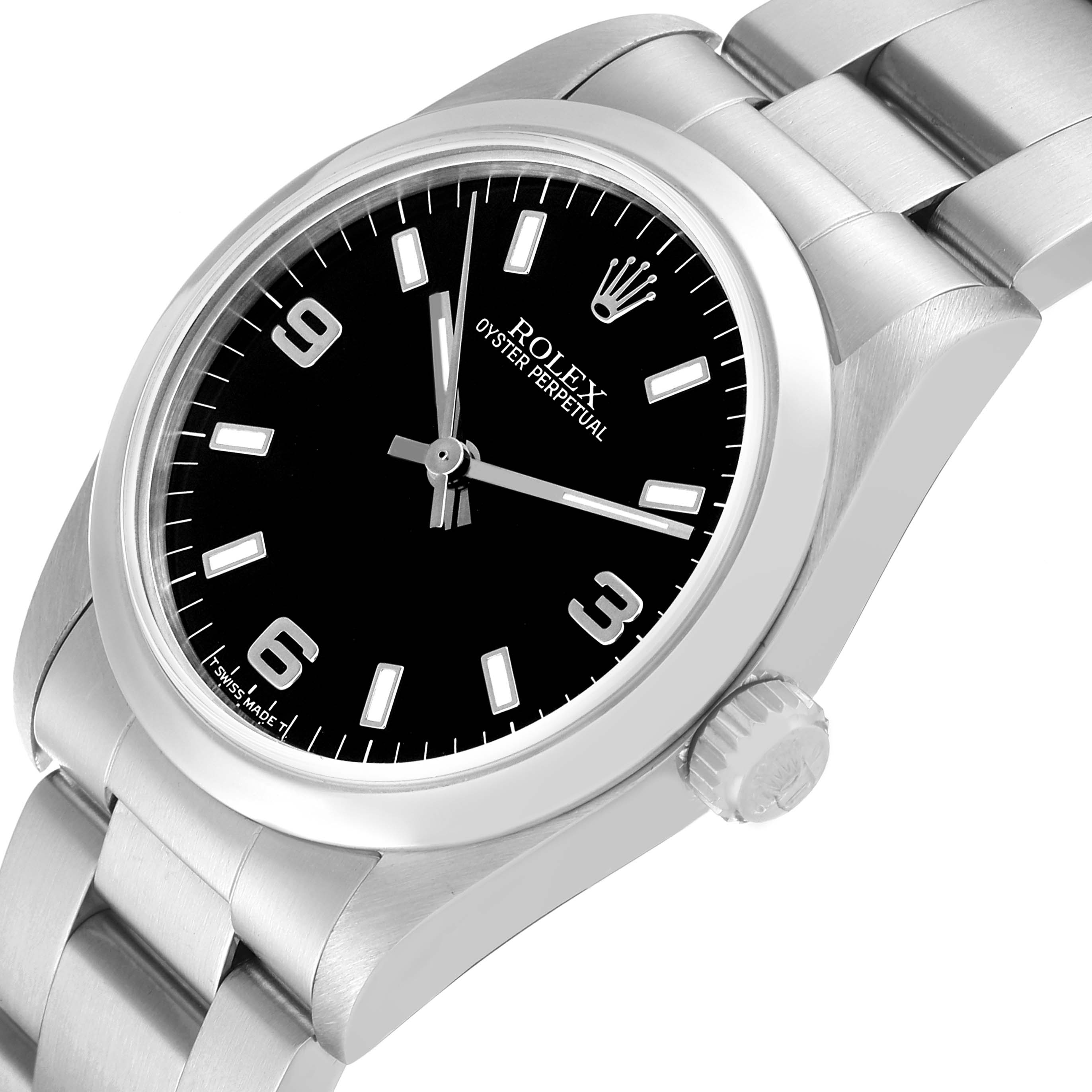 The image shows an angled view of a Rolex Mid-Size 67480 Women
s Stainless Steel Black Dial 67480 Women
s Stainless Steel Black Dial Oyster Perpetual watch, highlighting its face, bezel, crown, and bracelet.