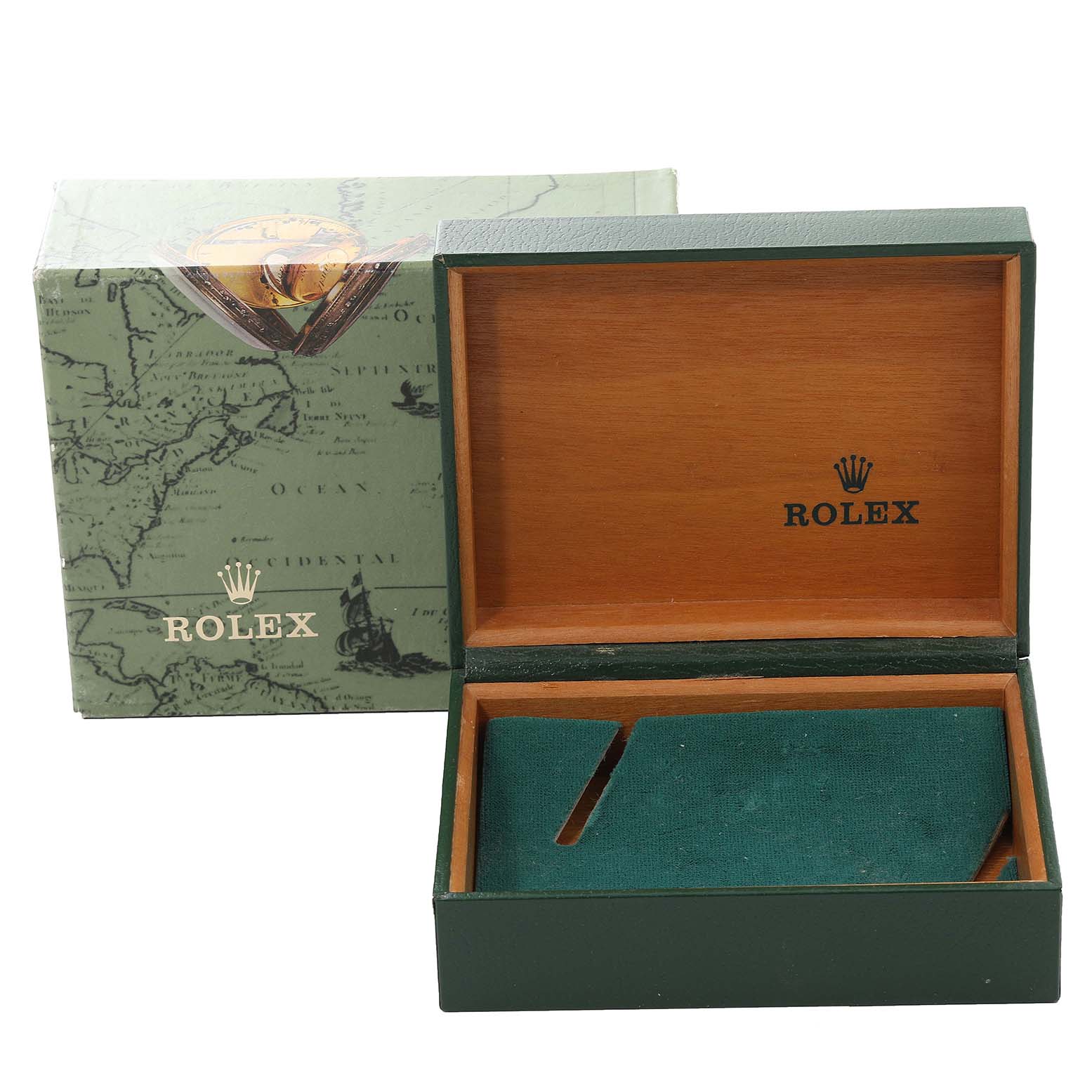 This image shows an open Rolex Mid-Size 67480 Women
s Stainless Steel Black Dial 67480 Women
s Stainless Steel Black Dial watch box with wood and green velvet interior, and a closed outer box with a map design.