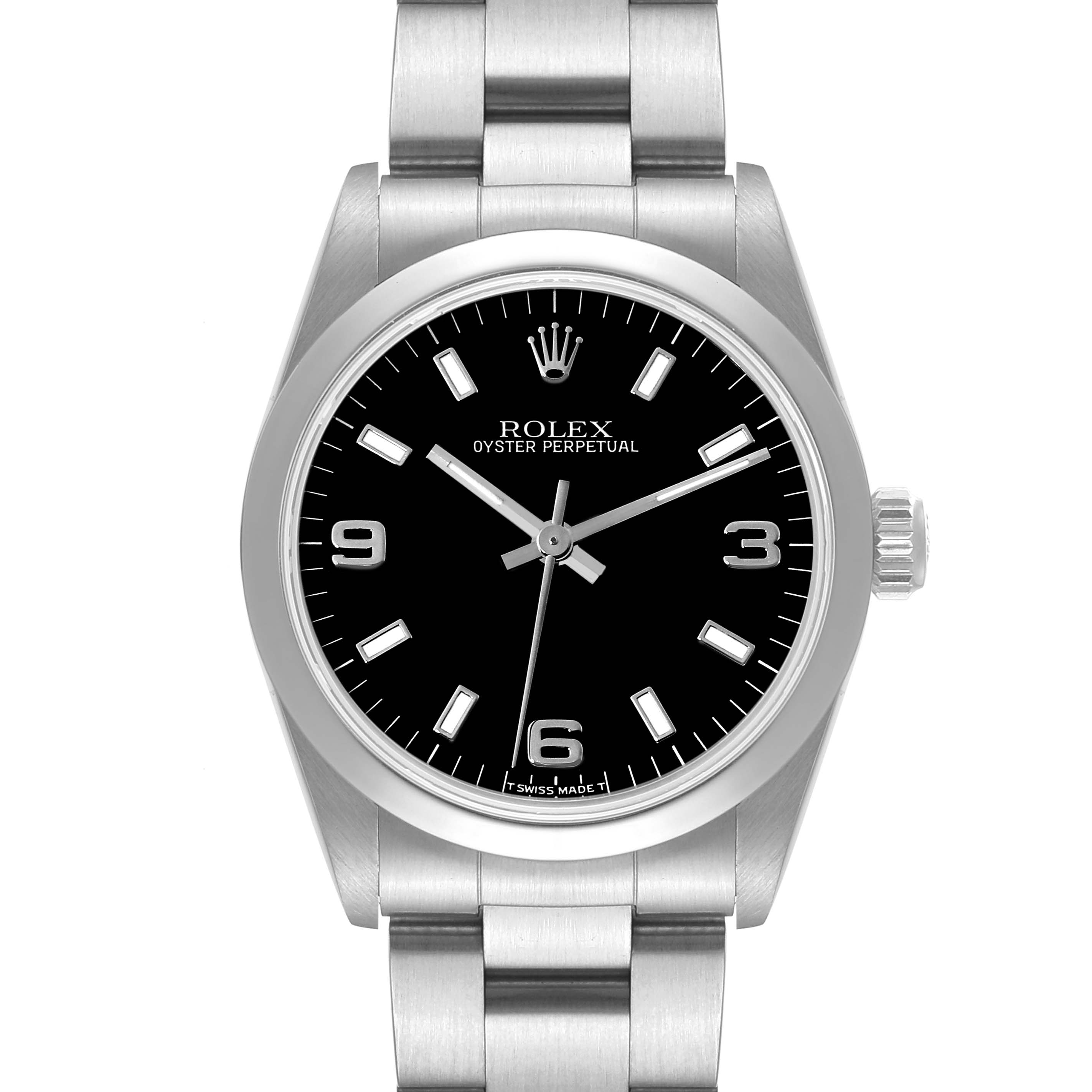 This image shows a front view of a Rolex Oyster Perpetual Mid-Size watch, displaying the face, case, and part of the bracelet.