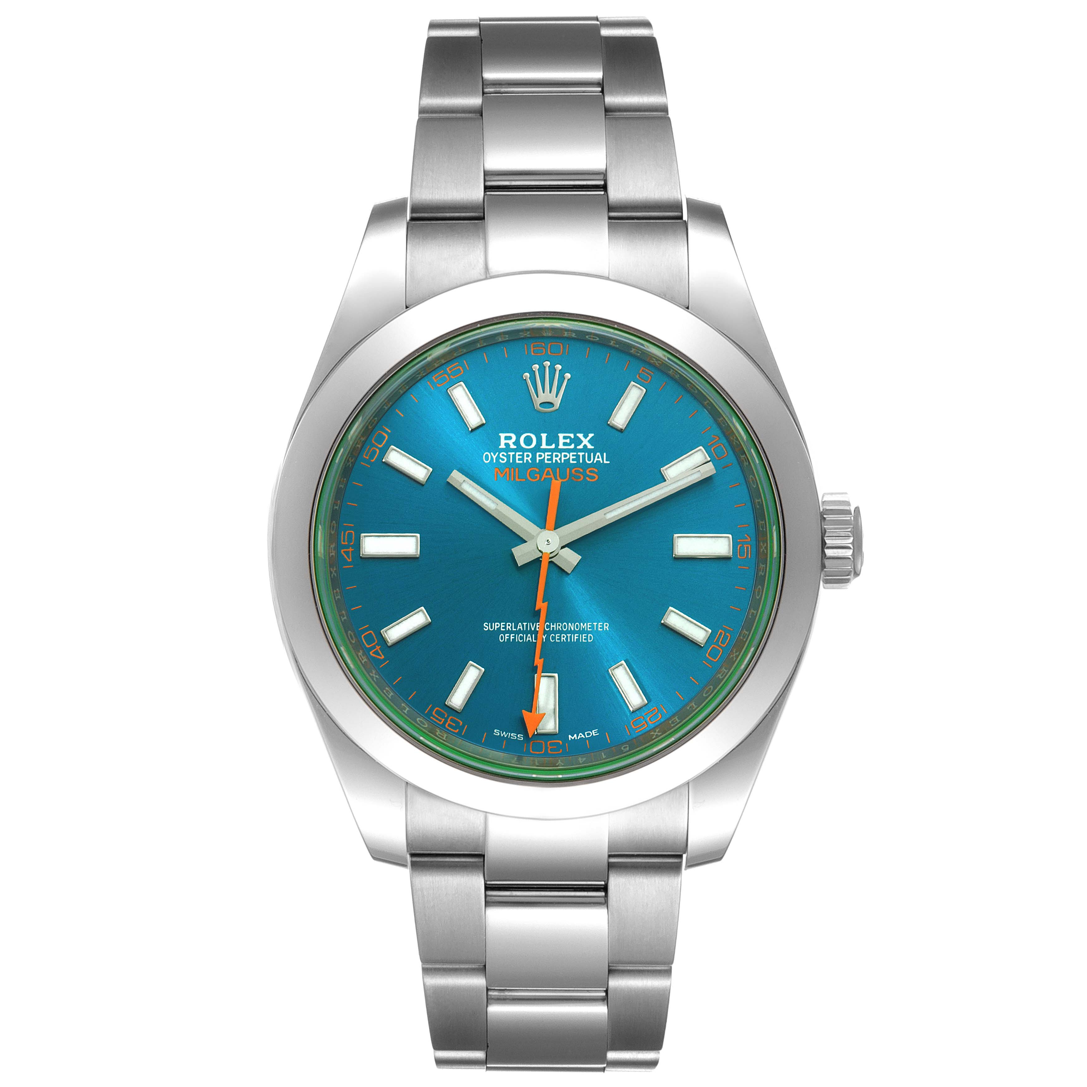 The image shows a front view of a Rolex Milgauss 116400GV Men
s Stainless Steel Blue Dial 116400GV Men
s Stainless Steel Blue Dial watch, highlighting the dial, hands, case, and bracelet.