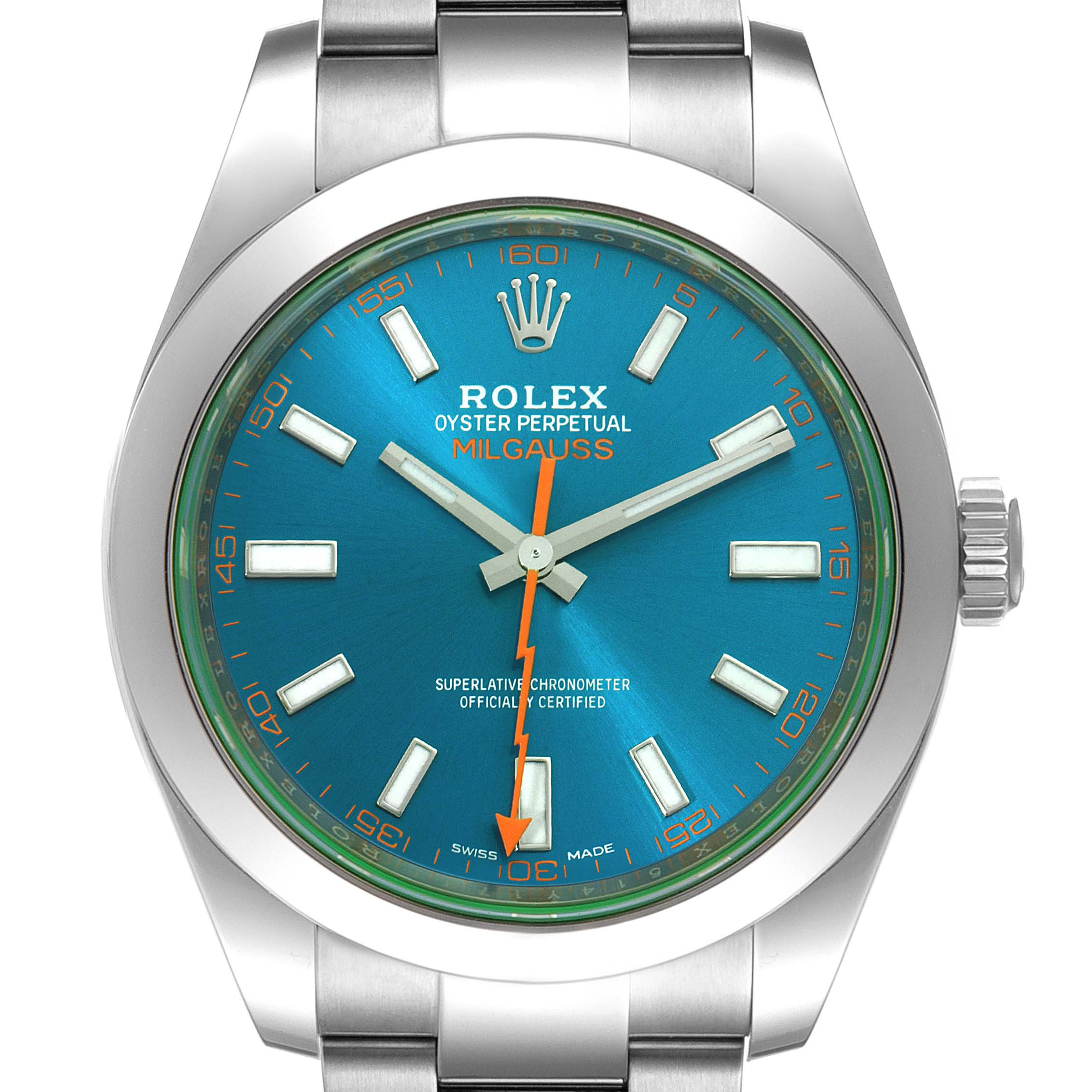 This image shows a front view of the Rolex Milgauss 116400GV Men
s Stainless Steel Blue Dial 116400GV Men
s Stainless Steel Blue Dial watch, displaying its dial, hands, crown, and part of the bracelet.
