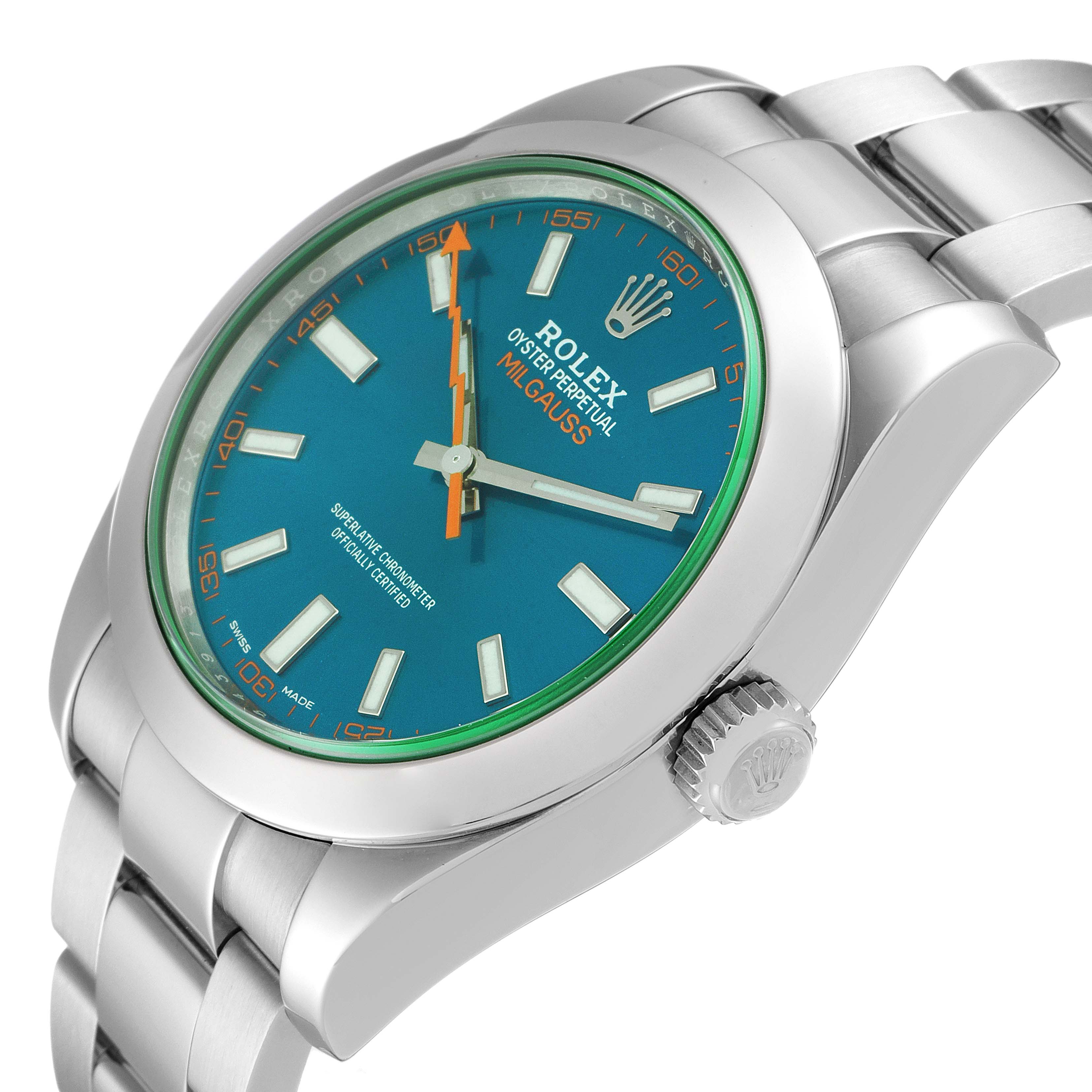This image shows a side angle of a Rolex Milgauss 116400GV Men
s Stainless Steel Blue Dial 116400GV Men
s Stainless Steel Blue Dial watch, highlighting the dial, case, crown, and bracelet.
