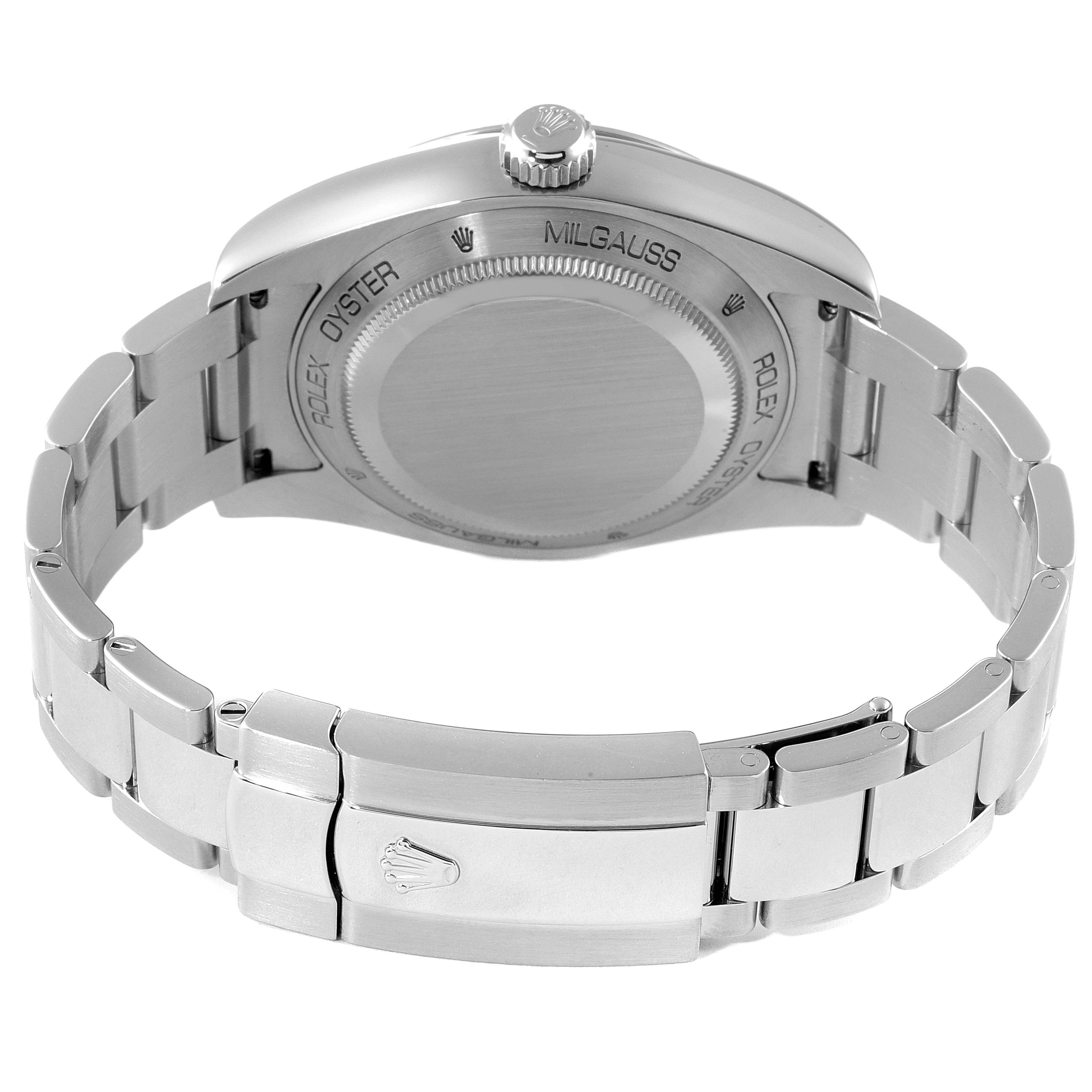 The image shows the back view of the Rolex Milgauss 116400GV Men
s Stainless Steel Blue Dial 116400GV Men
s Stainless Steel Blue Dial, highlighting the case back and bracelet with clasp.