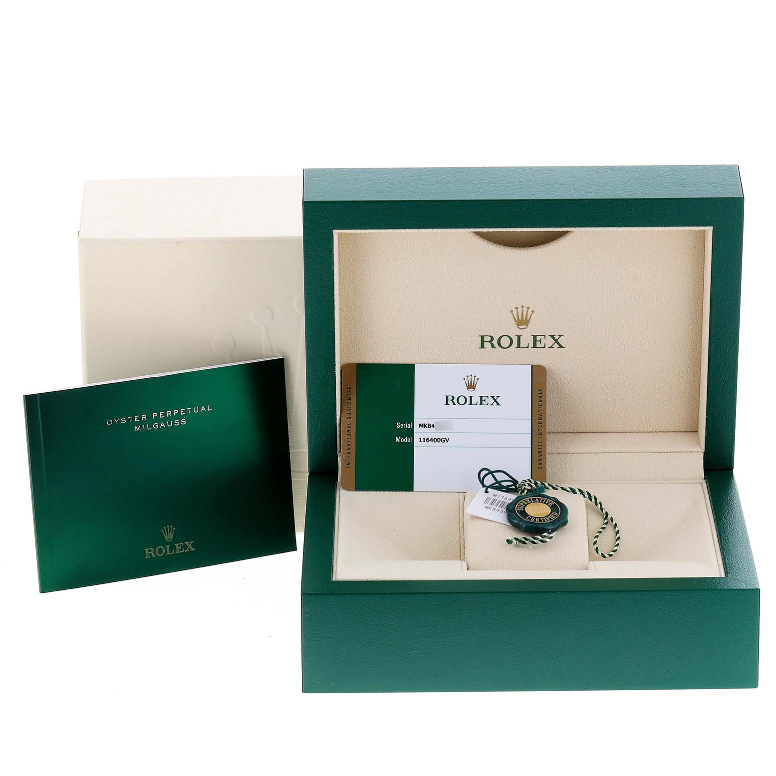 This image shows the packaging, booklet, tag, and Best Quality
ity card for a Rolex Milgauss 116400GV Men
s Stainless Steel Blue Dial 116400GV Men
s Stainless Steel Blue Dial watch.