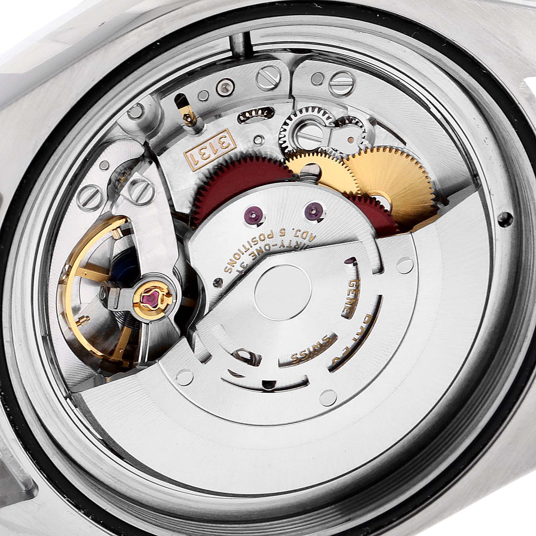 The image shows the movement mechanism of a Rolex Milgauss 116400GV Men
s Stainless Steel Blue Dial 116400GV Men
s Stainless Steel Blue Dial watch, viewed from the back.