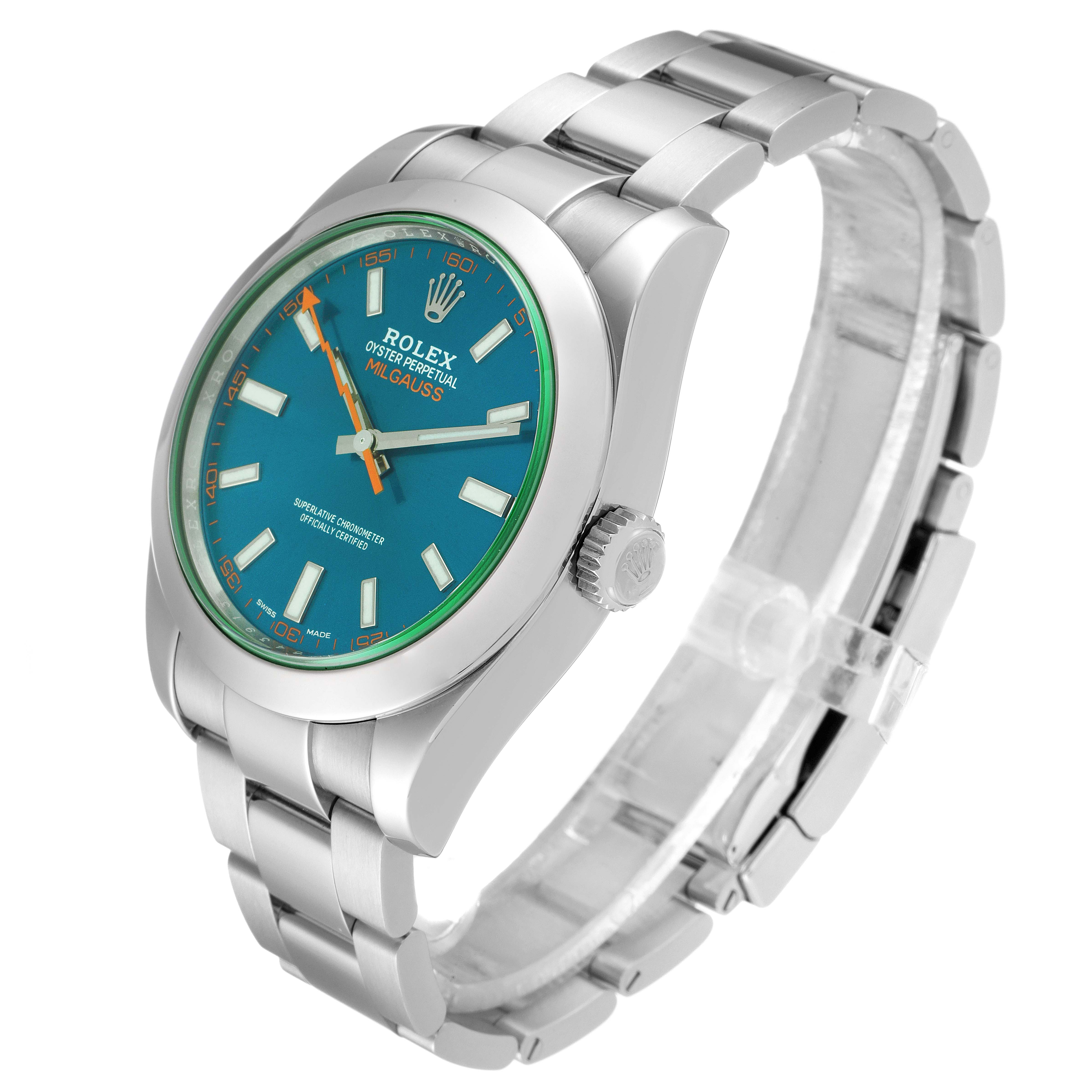 This image shows the Rolex Milgauss 116400GV Men
s Stainless Steel Blue Dial 116400GV Men
s Stainless Steel Blue Dial watch at an angle highlighting its face, bezel, crown, and bracelet.