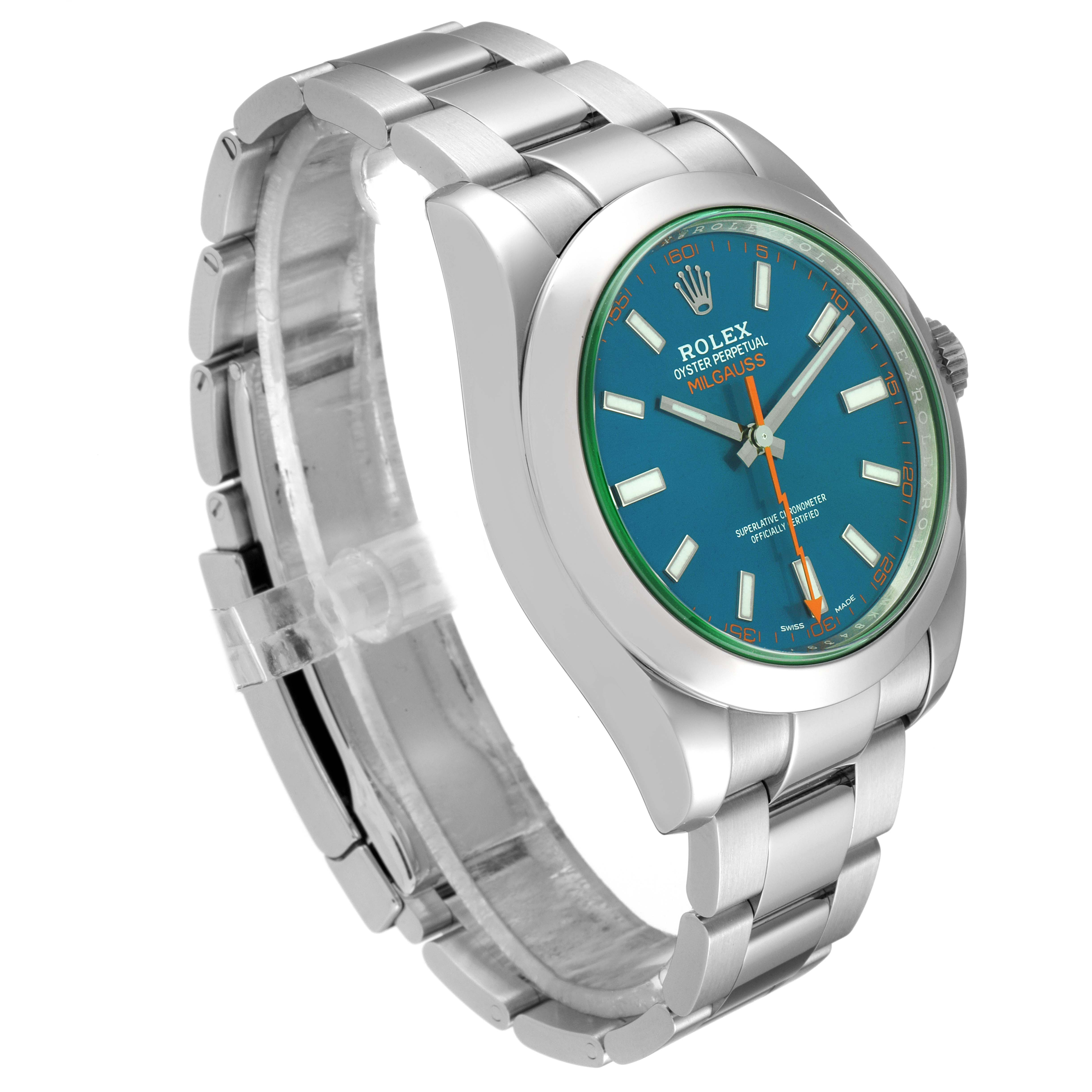 This image shows a Rolex Milgauss 116400GV Men
s Stainless Steel Blue Dial 116400GV Men
s Stainless Steel Blue Dial watch at a three-quarter top-down angle, highlighting the face, bezel, crown, and bracelet.