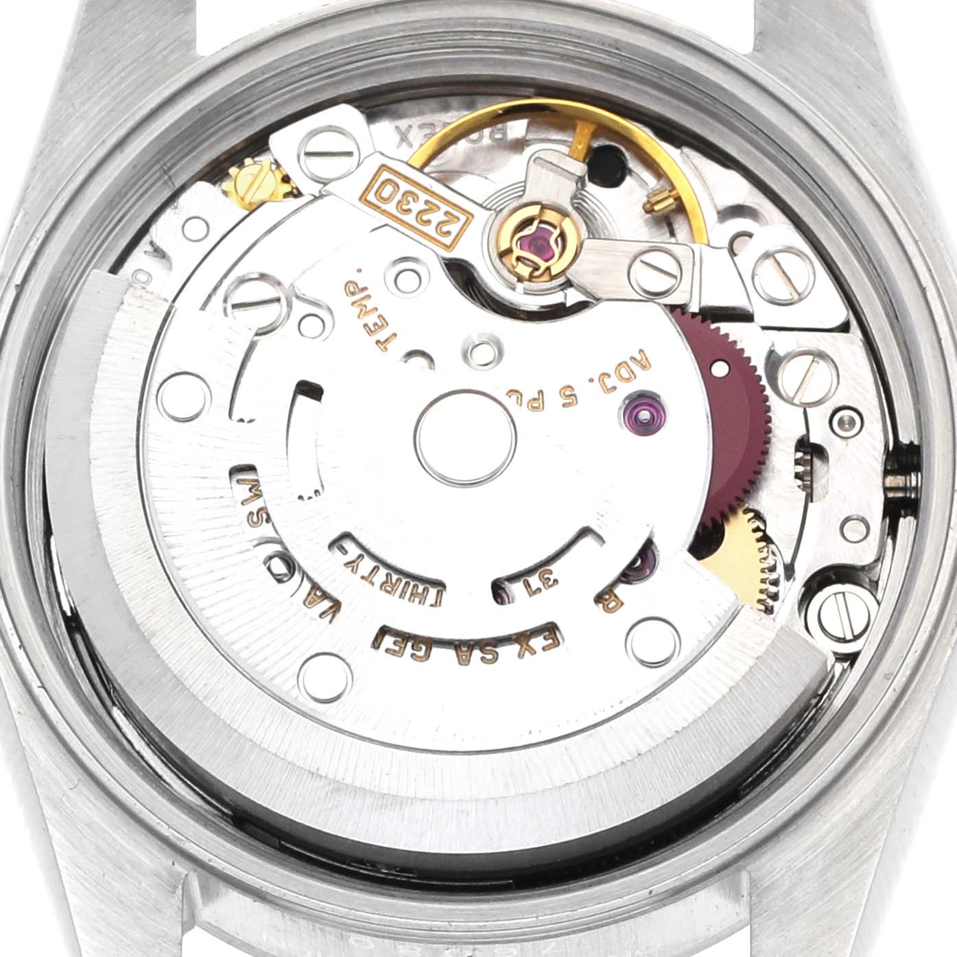 The image shows the movement of a Rolex Oyster Perpetual 76080 Women's Stainless Steel Black Dial 76080 Women's Stainless Steel Black Dial watch, viewed from the back with visible rotor and gears.
