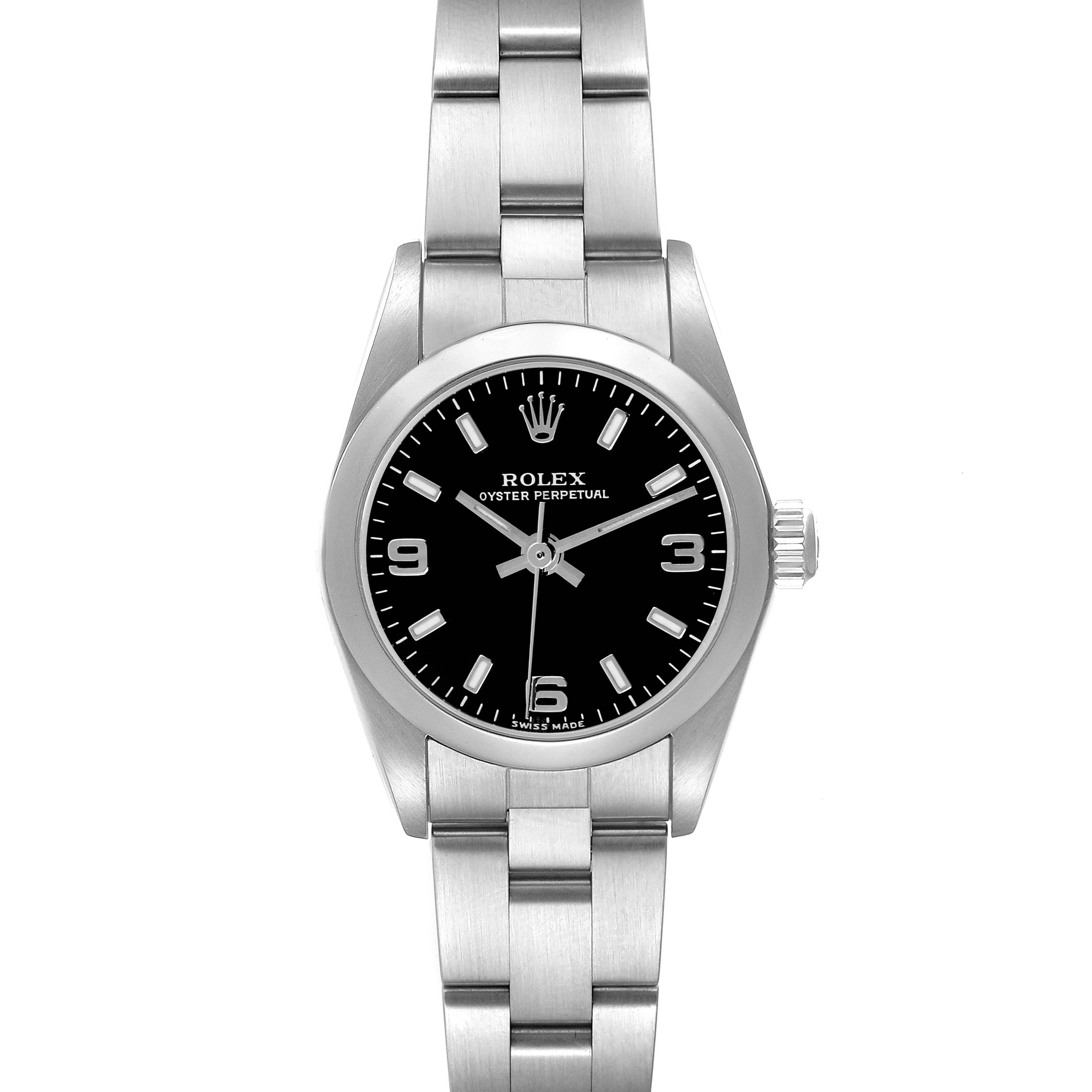 The Rolex Oyster Perpetual 76080 Women's Stainless Steel Black Dial 76080 Women's Stainless Steel Black Dial watch is shown from a front angle, highlighting its black dial, case, and stainless steel bracelet.