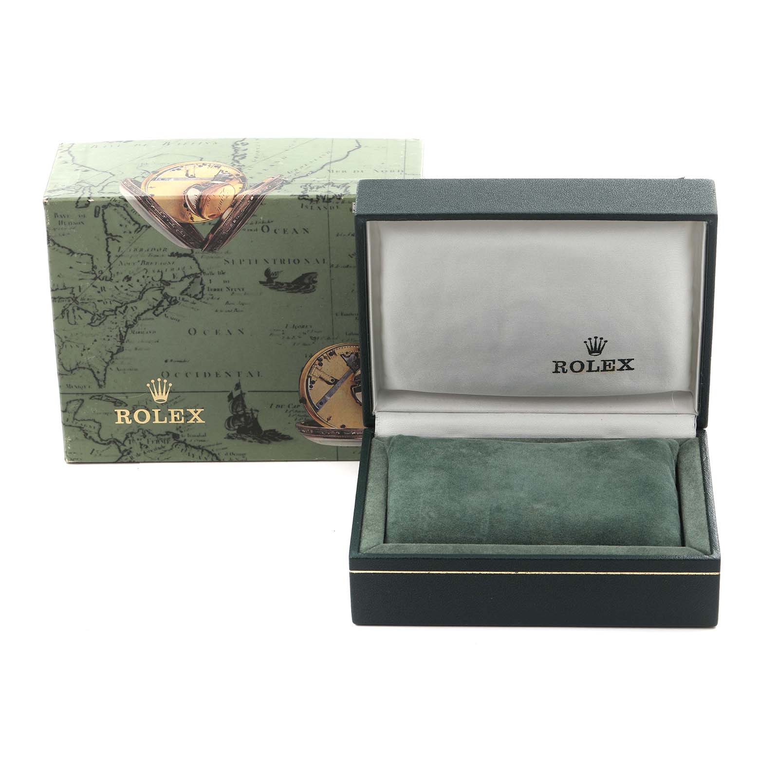 The image shows the opened box of a Rolex Oyster Perpetual 76080 Women's Stainless Steel Black Dial 76080 Women's Stainless Steel Black Dial watch, highlighting the packaging and inner cushion.