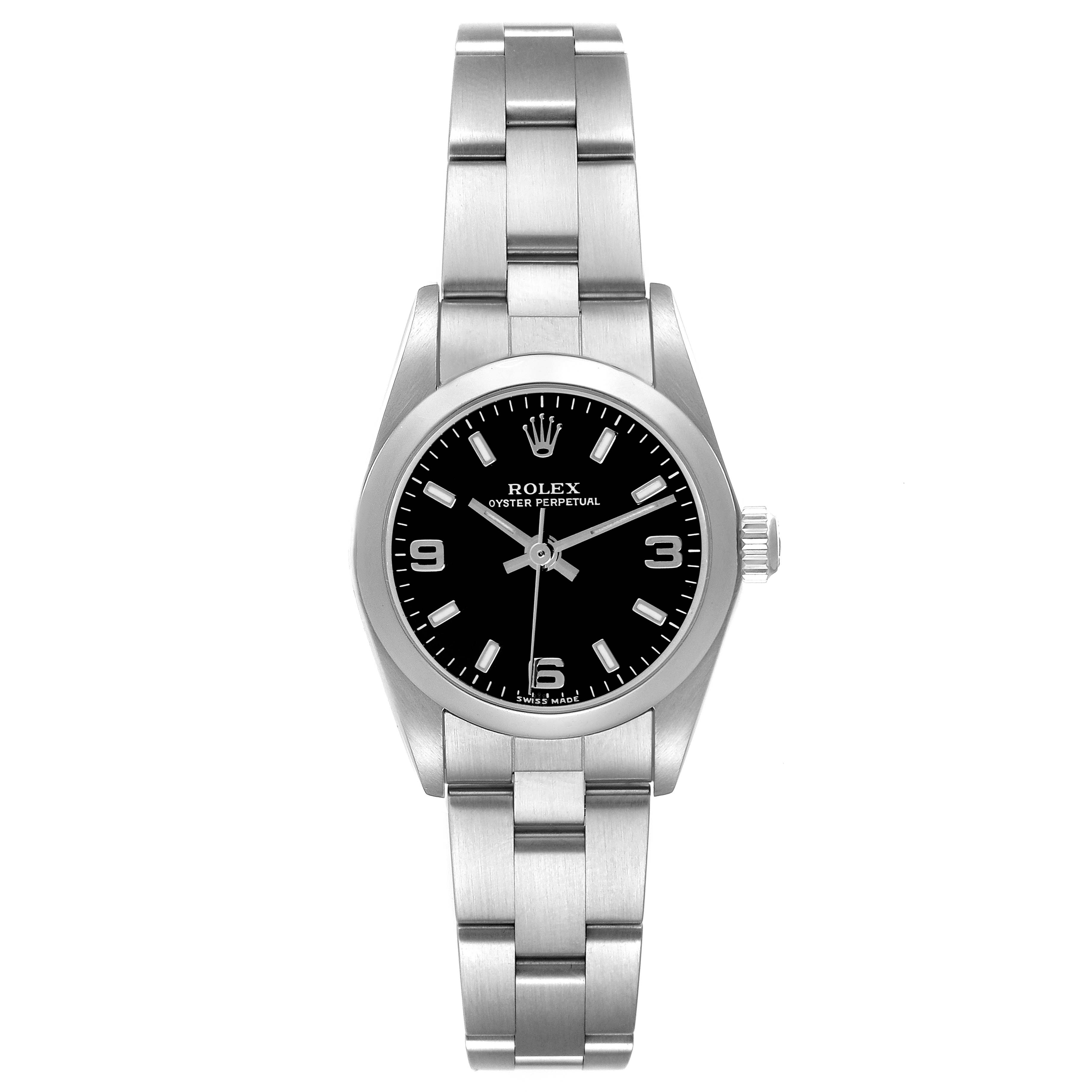 The Rolex Oyster Perpetual 76080 Women's Stainless Steel Black Dial 76080 Women's Stainless Steel Black Dial watch is shown from the front, displaying the bracelet, dial, case, and crown.