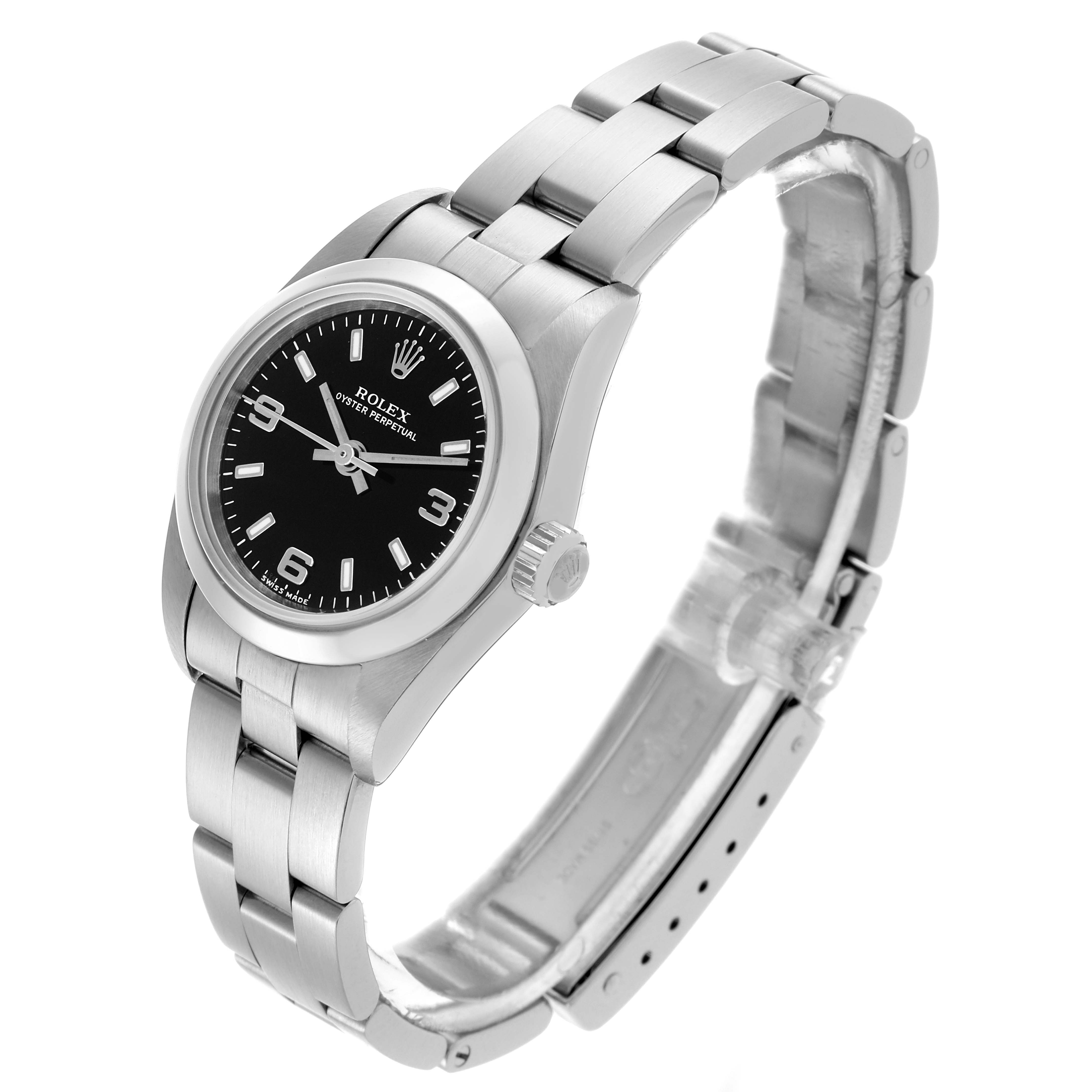 The Rolex Oyster Perpetual 76080 Women's Stainless Steel Black Dial 76080 Women's Stainless Steel Black Dial watch is shown at a three-quarter angle, highlighting the dial, bracelet, and crown.