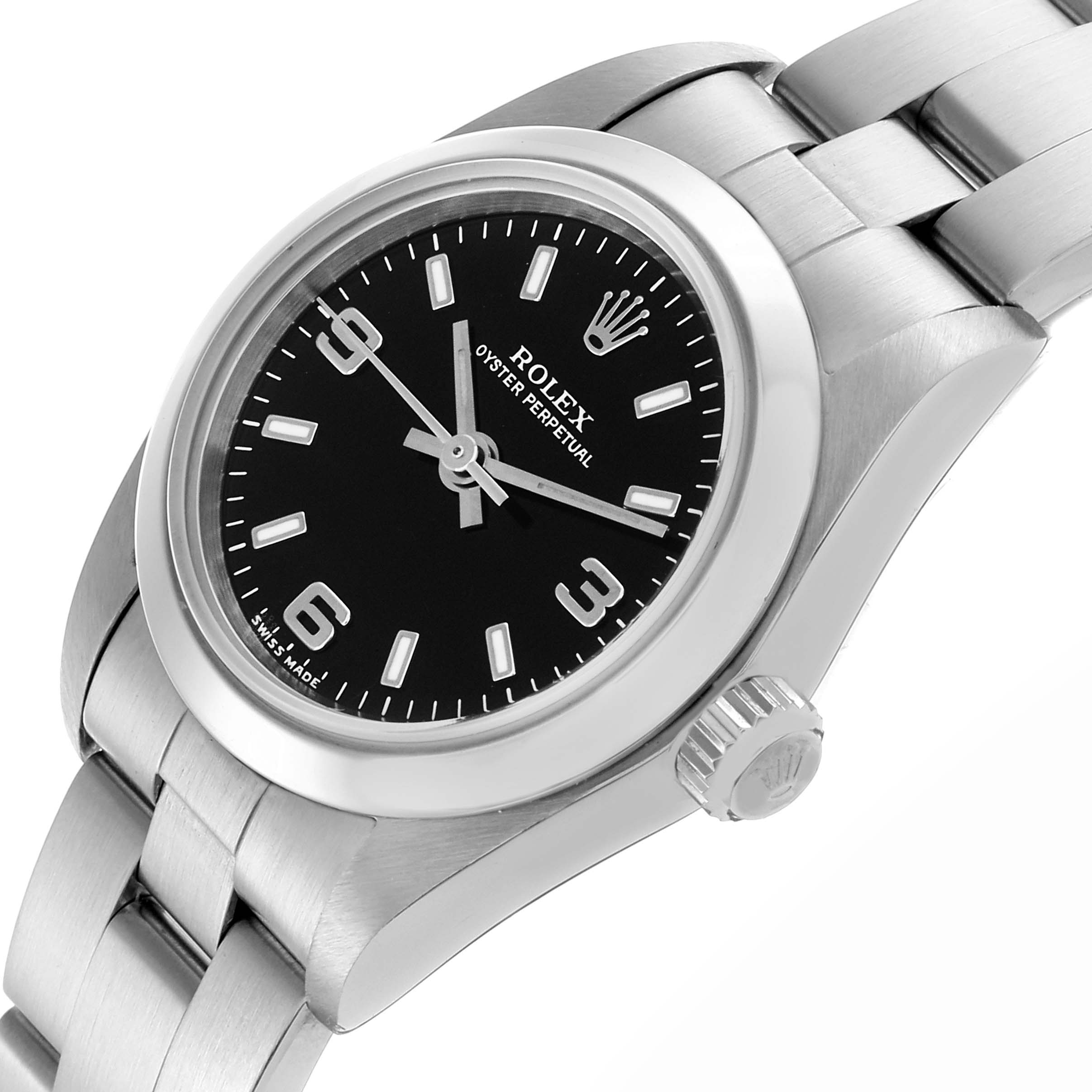 The Rolex Oyster Perpetual 76080 Women's Stainless Steel Black Dial 76080 Women's Stainless Steel Black Dial watch is shown at an angled side view, highlighting the dial, bezel, and bracelet links.