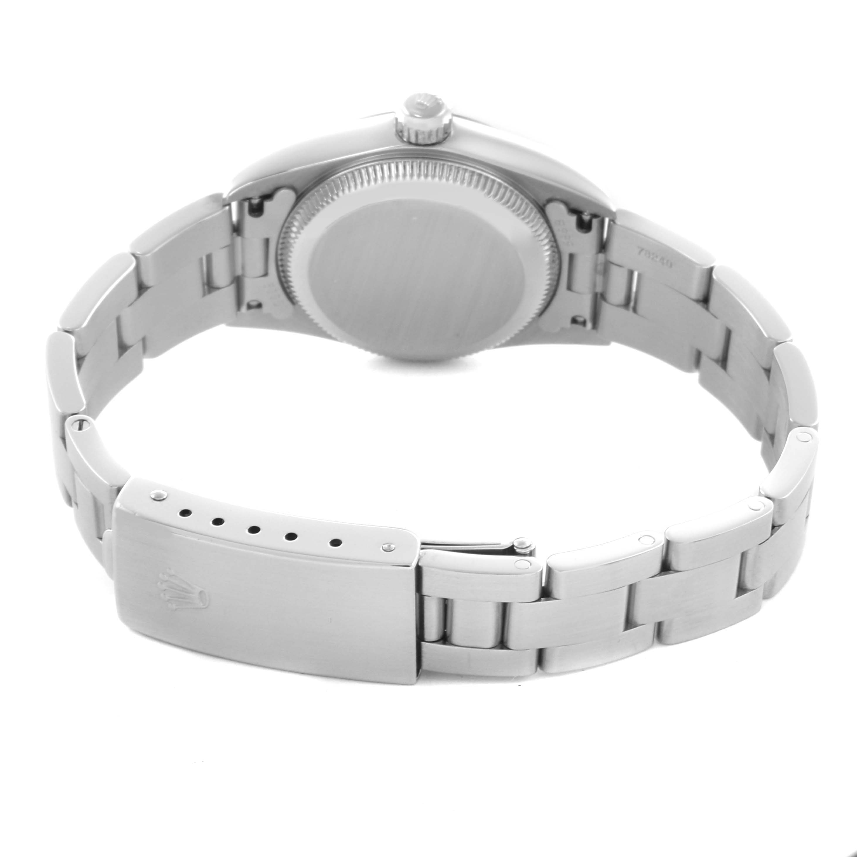 The image shows the back view of a Rolex Oyster Perpetual 76080 Women's Stainless Steel Black Dial 76080 Women's Stainless Steel Black Dial, highlighting the clasp and bracelet.