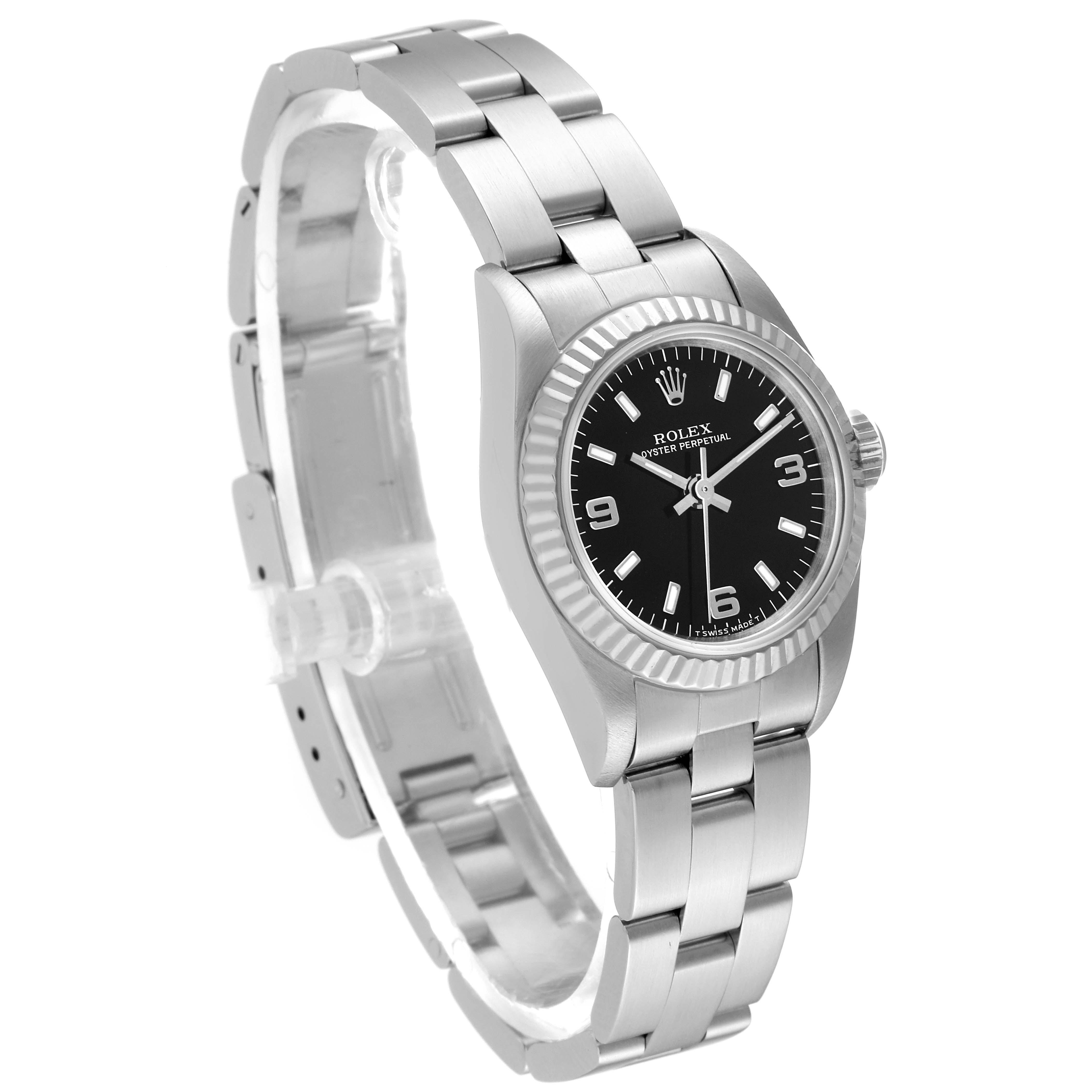 The Rolex Oyster Perpetual 67194 Women's Stainless Steel Black Dial 67194 Women's Stainless Steel Black Dial watch is shown from a side angle, displaying the bracelet, dial, and bezel.