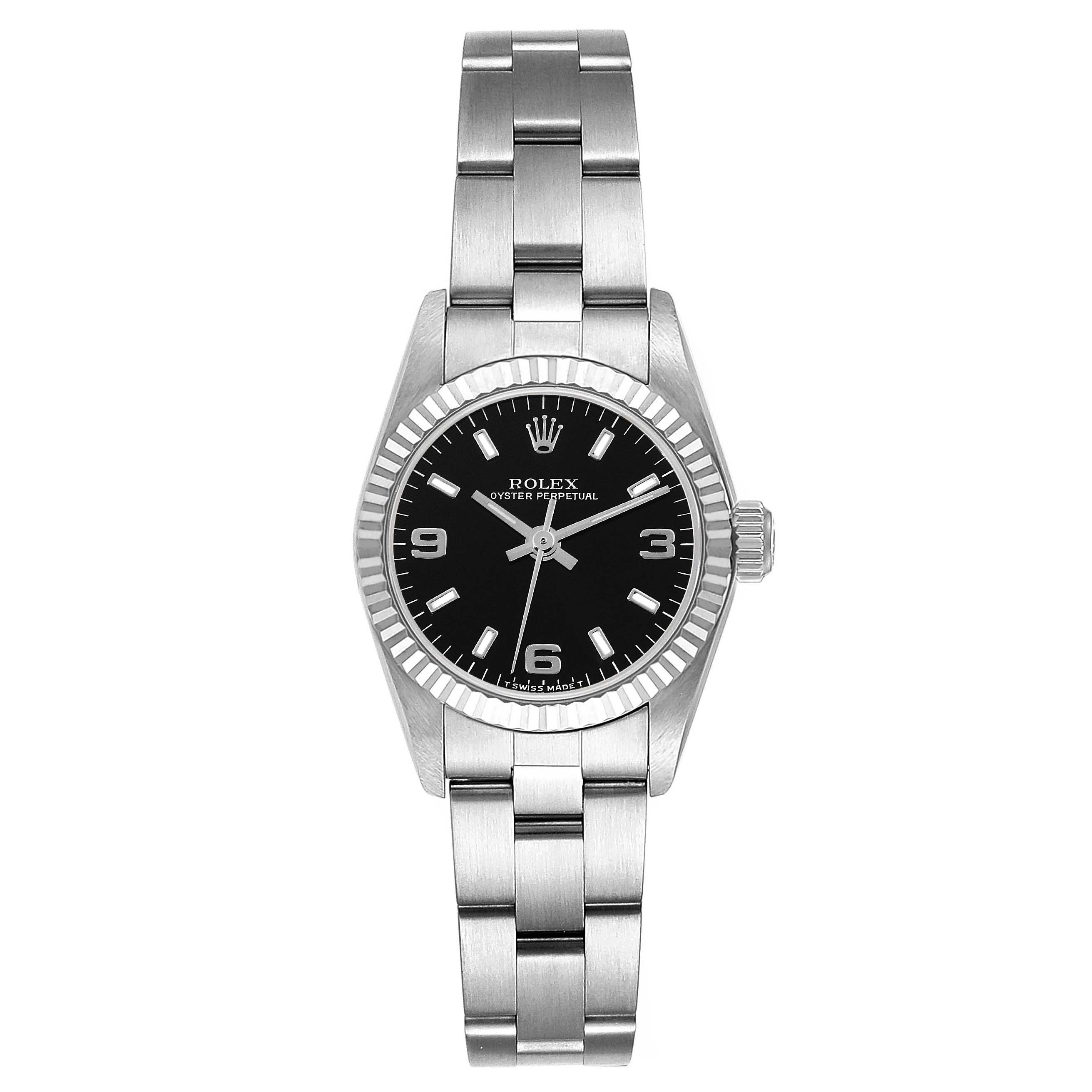 This image shows a front view of a Rolex Oyster Perpetual 67194 Women's Stainless Steel Black Dial 67194 Women's Stainless Steel Black Dial watch, displaying its face, bezel, and bracelet.