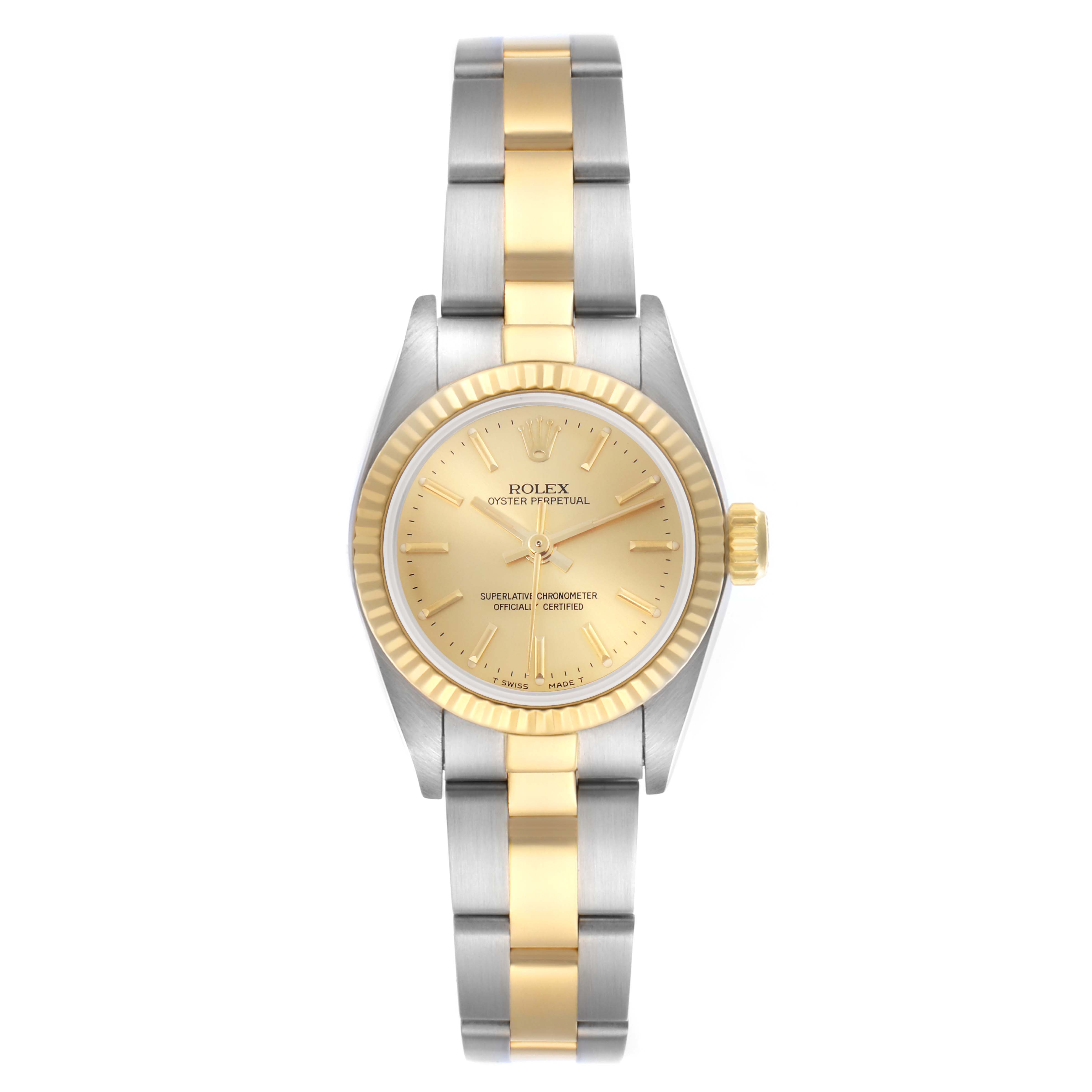The Rolex Oyster Perpetual 67193 Women's Steel and Gold (two tone) Champagne Dial 67193 Women's Steel and Gold (two tone) Champagne Dial watch is shown from a top-down angle, featuring the dial, bezel, and bracelet.